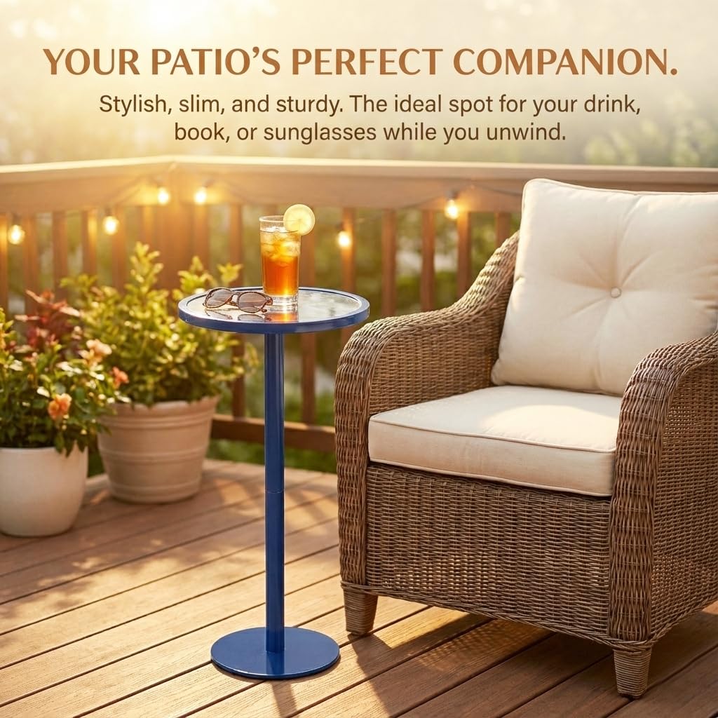 ZEXVIDA Navy Blue Drink Table, Indoor Outdoor Small Round Side Table with Tempered Glass & Scroll Design, 24.7" Metal Pedestal End Table for Living Room,Patio, Pool, Coastal Nautical Decor (Navy Blue)