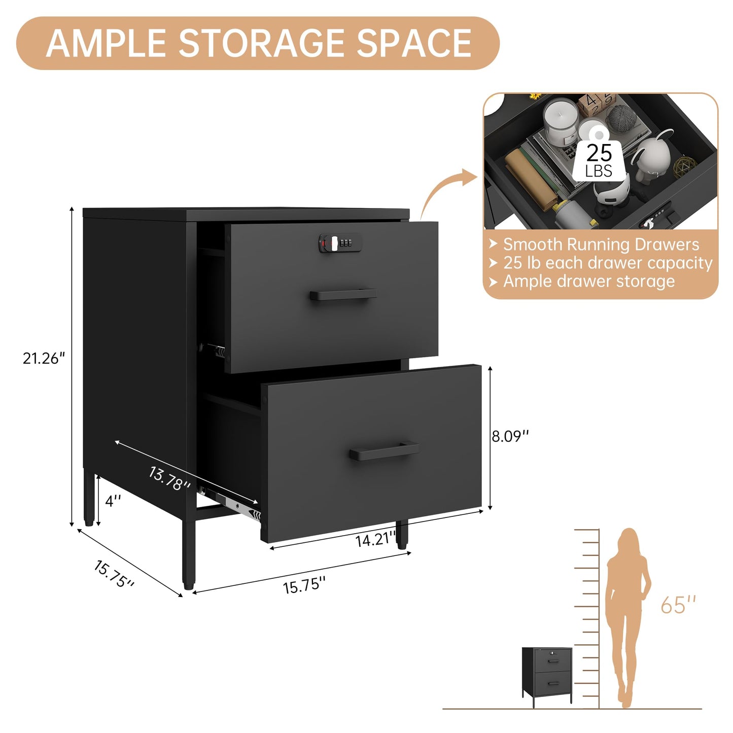 Steehoom Metal Nightstand,2 Drawer End Side Table Lockable Modern Locker Storage Cabinet for Living Room, Bedroom, Dorm, 21.26”H X 15.75”W X 15.75”D (2 Drawer, Black)