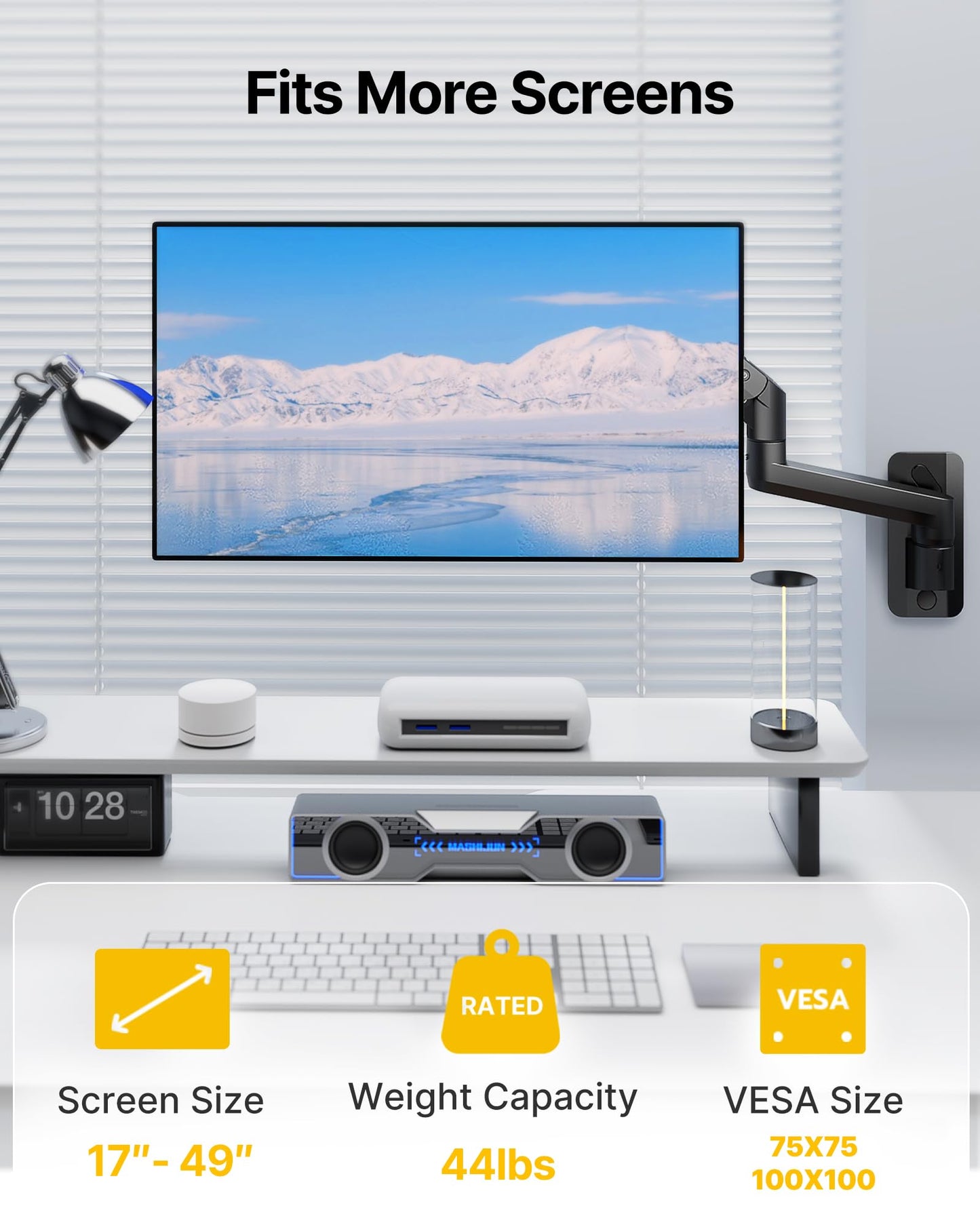 monTEK Ultra Wide Wall Mount Monitor Arm for 17-49 Inch Screens, Heavy Duty Single Monitor Mount up to 44 lbs, Fully Adjustable Gas Spring Wall Mount, 75x75/100x100 VESA Mount, Black