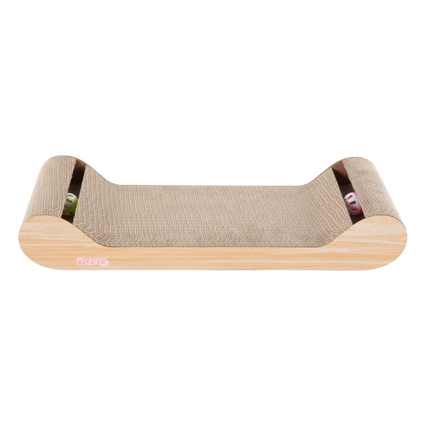 THE LICKER Store Rini 23.75" Modern Cardboard Cat Scratcher Lounge Bed with Built-in Bell Toys and Catnip, Ergonomic Curved Sofa Design, Oak Wood Finish CSR1003C
