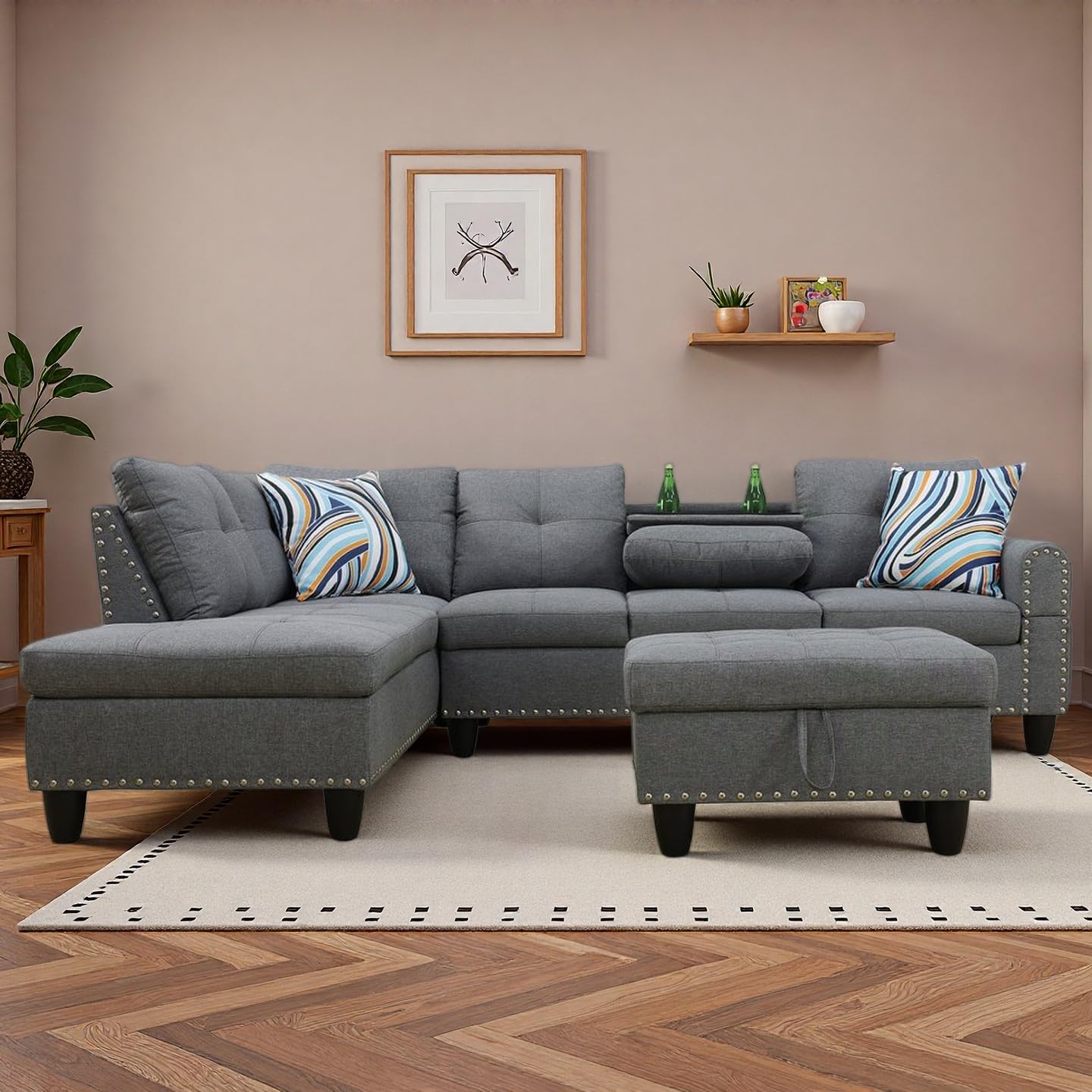 Trygoal 97" Linen 4-Seat L-Shaped Sectional Sofa with Movable Chaise & Storage Ottoman - 3-Piece Modular Convertible Couch for Living Room, Bedroom, Apartment & Office, Charcoal