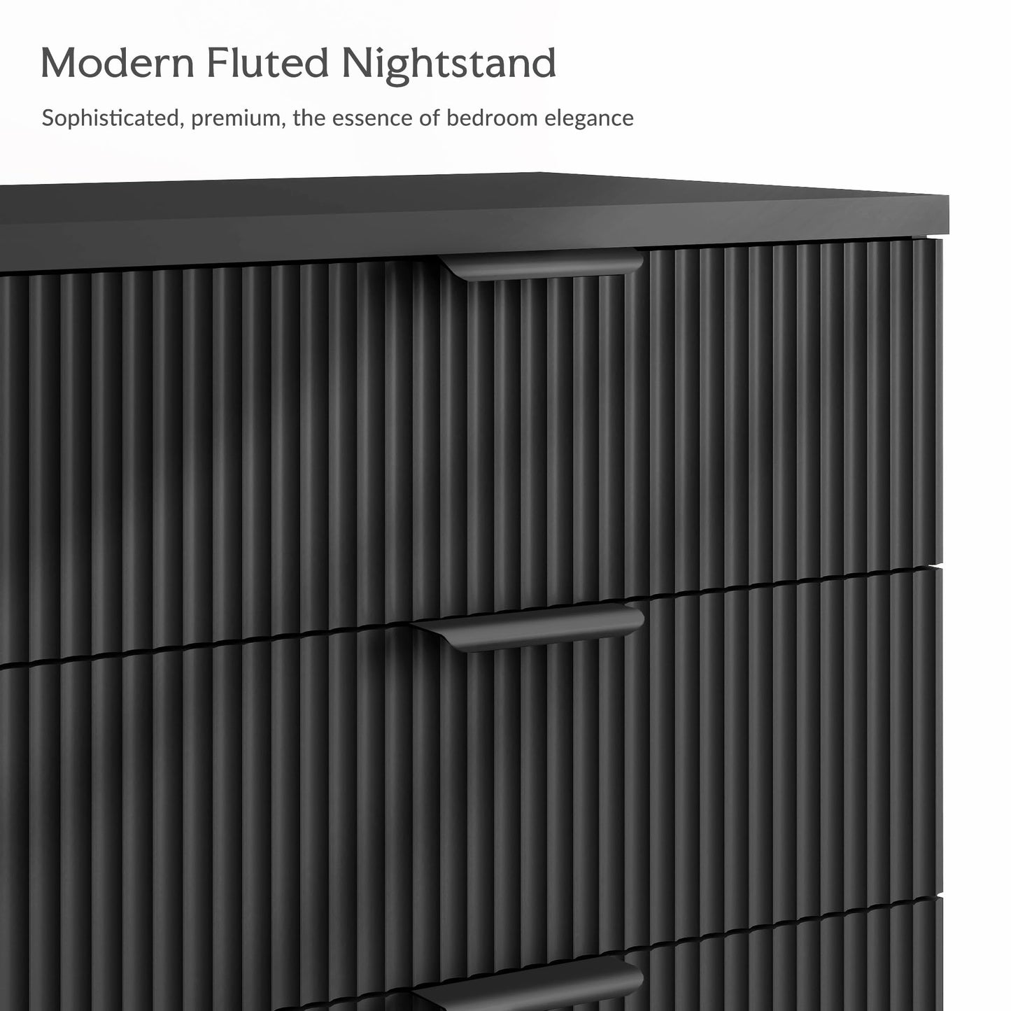 25.6" W Black Fluted Nightstand with 3 Drawer, Modern Wood Night Stands Bedside Table for Bedroom King/Queen Bed, End Table with Robot-Friendly Legs for Living Room,Entry