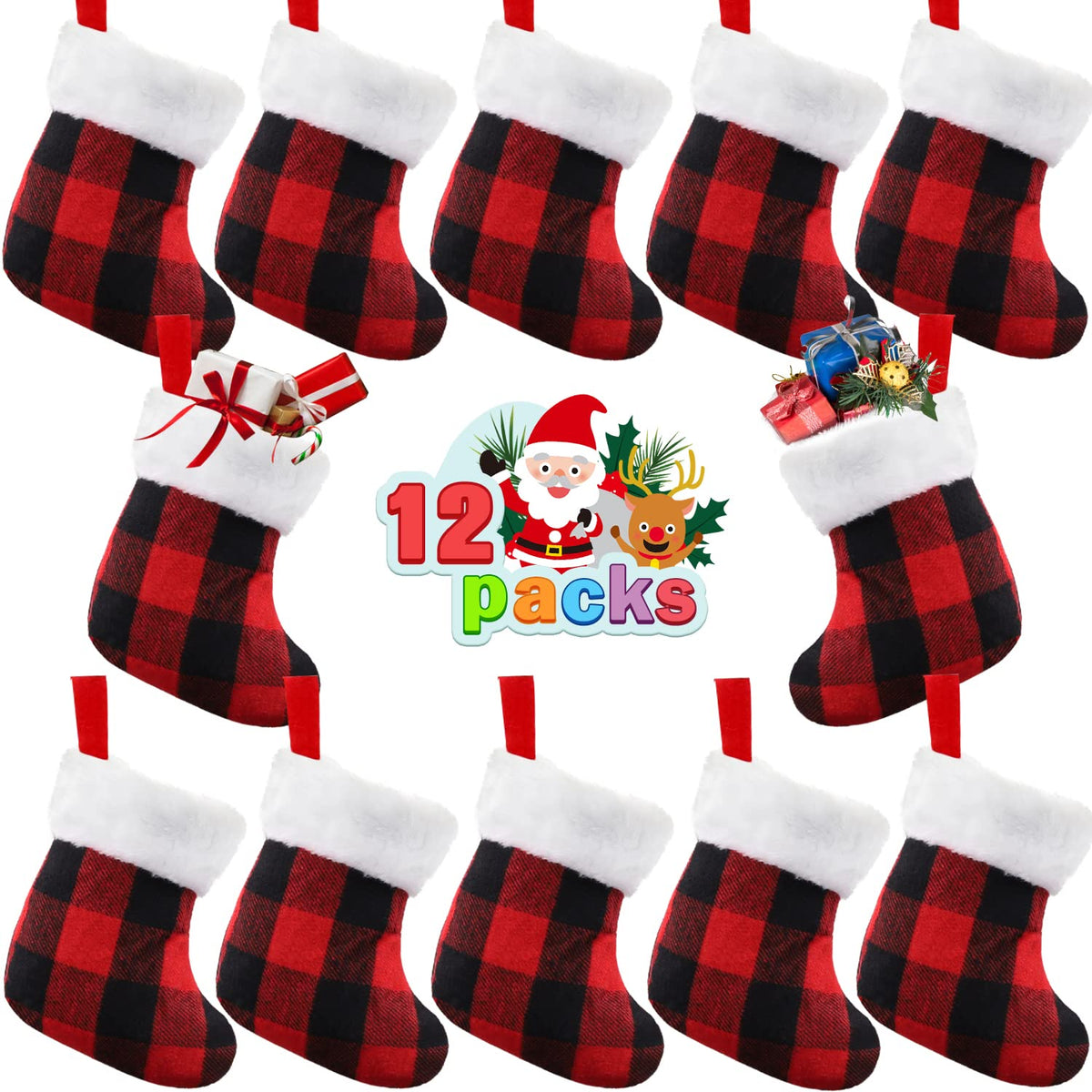 XIMISHOP 12PACK Mini Christmas Stockings 7” Double Side Xmas Red Buffalo Plaid Fireplace Hanging Stocking with Plush Cuff for Christmas Tree Decor