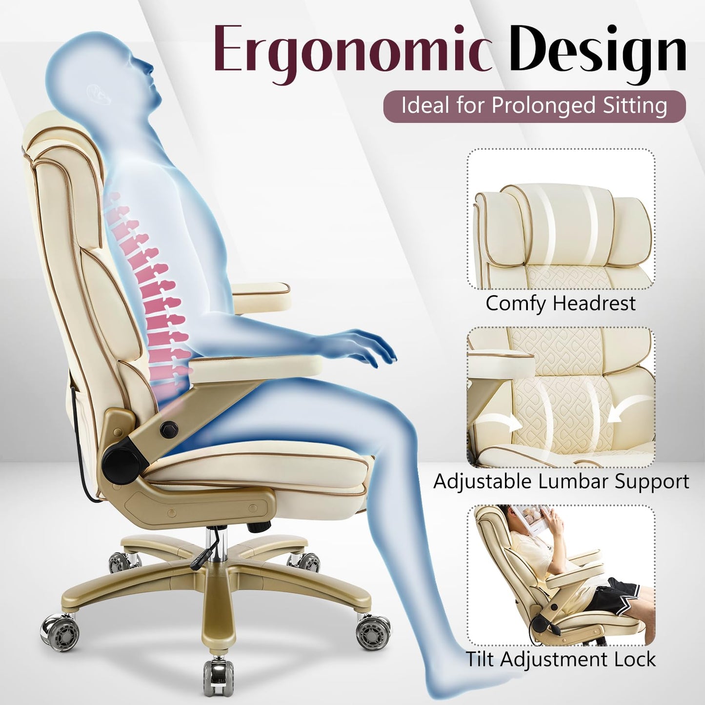 Furnistyle Big and Tall Office Chair 500lbs,5D Armrests Heavy Duty Executive Leather Chair with Comfortable Seat, Adjustable Lumbar, High Back, Large Computer Desk Chair for Home Office, Beige