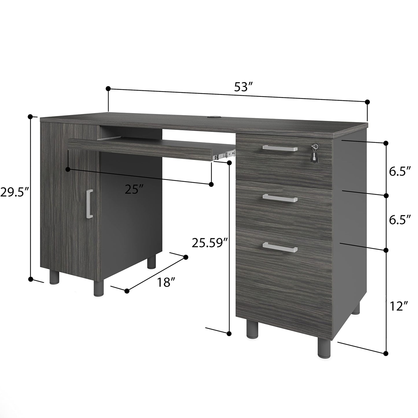 Modern Design Venice Computer Desk with Lockable Drawers, 53 Inch Home Office Desk with Storage Cabinet, Keyboard Tray & Cable Management, Modern Study Writing Desk for Small Spaces, Black and Grey
