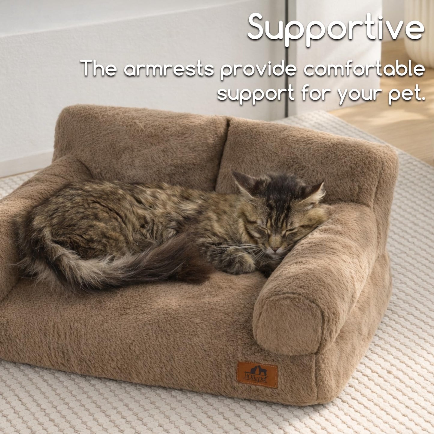 Hollypet Fluffy Dog Cat Bed Pet Couch Beds Plush Soft Warming Washable Puppy Bed for Small Medium Dogs and Large Cats, Dark Brown, 24" L x 18" W x 10" Th