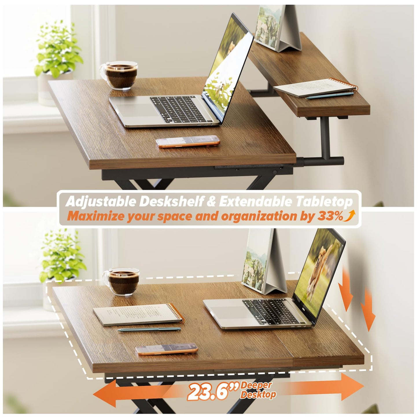WOHOMO Folding Computer Desk with Adjustable Height, 23.6" x 31.5" x 25.6" Foldable Table with Monitor Stand, Small Office Desk for Bedroom, Space Saving Desk for Home Office, Easy Assemble, Walnut