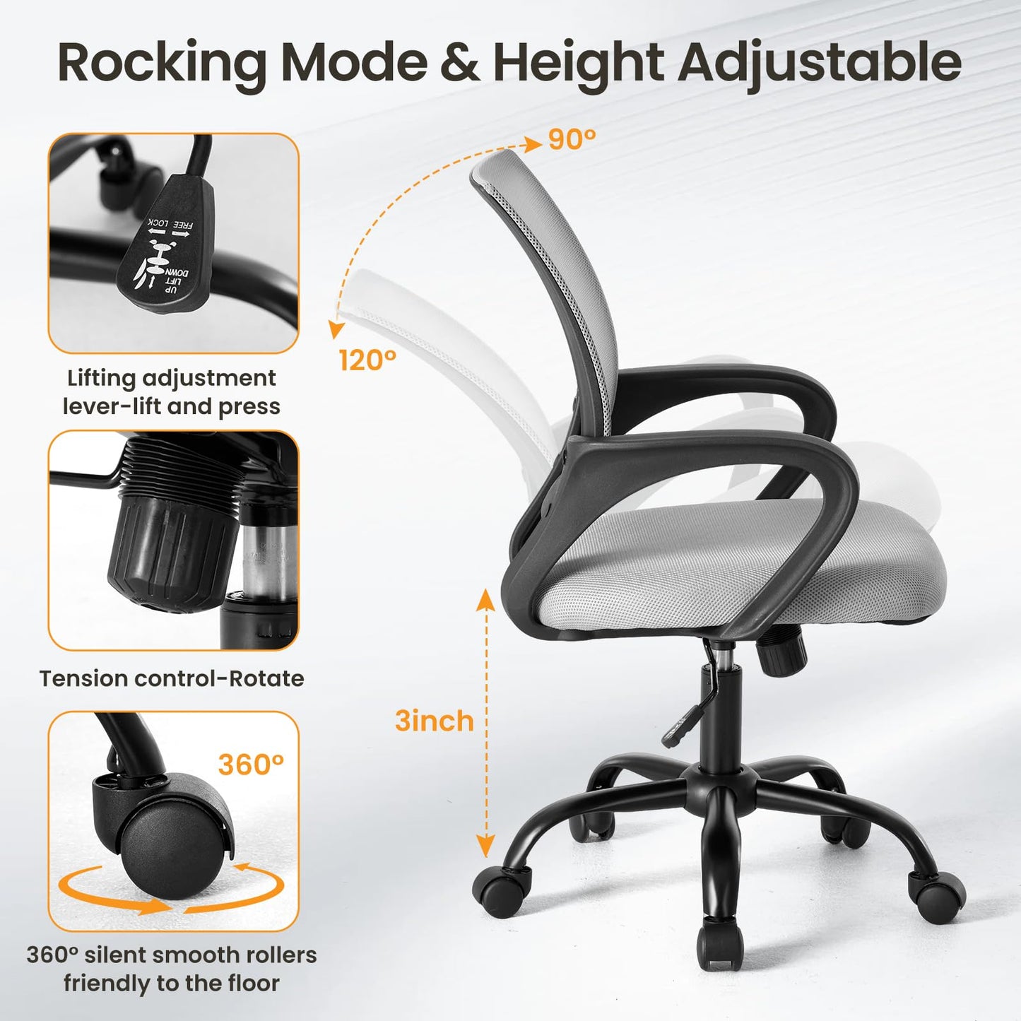 OLIXIS Office Desk Chair - Ergonomic Mid Back with Lumbar Support & Rocking Mode, Height Adjustable with Fixed Armrest, for Home, Computer, Gaming, Conference, Meeting Room, 360° Swivel, Grey, 2 Pack