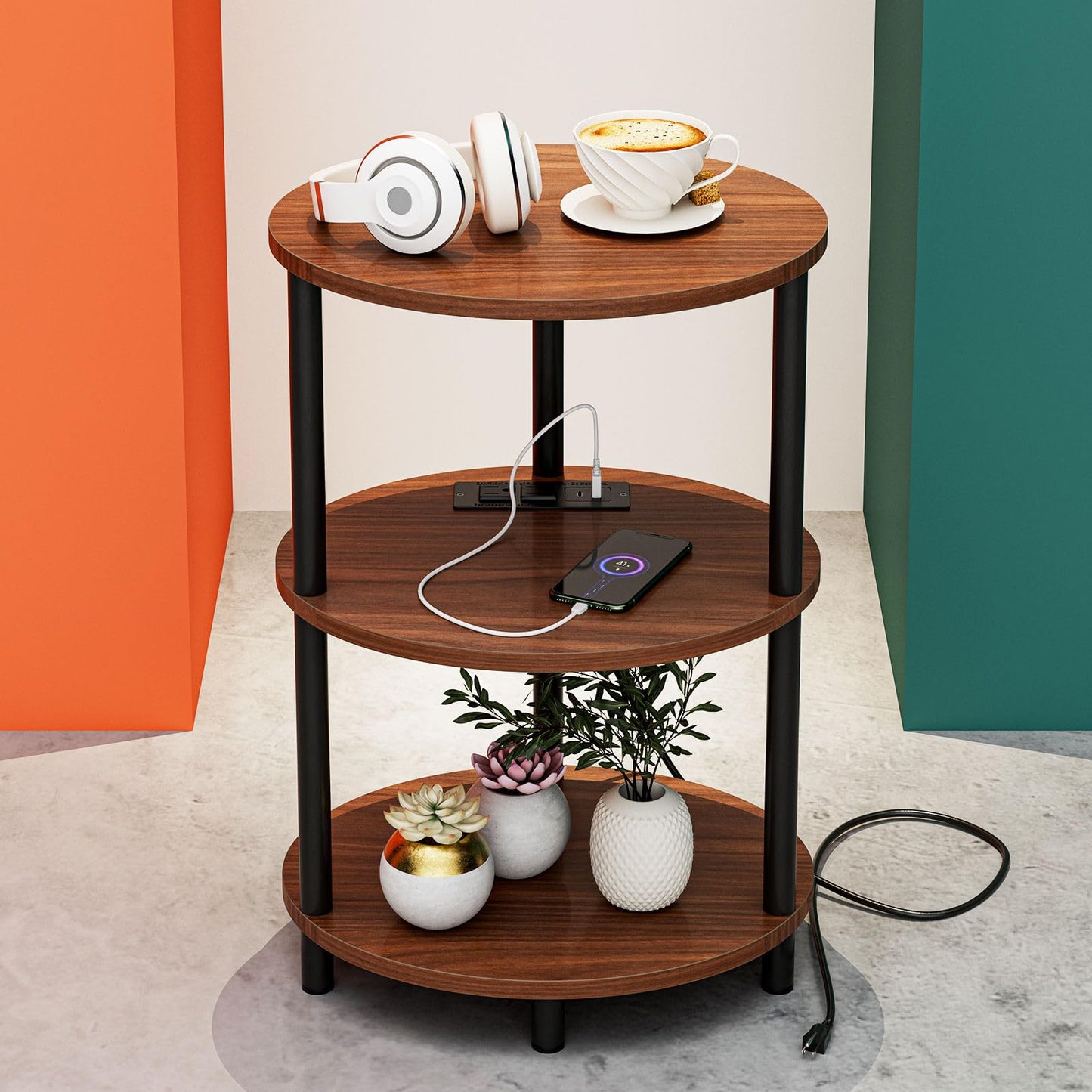RISWER Small Round Side Table - 3-Tier Oval Accent Table for Small Spaces, Rustic Wood and Metal Nightstand for Living Room or Bedroom, with Built-in USB Ports and Power Outlet, Rustic Walnut