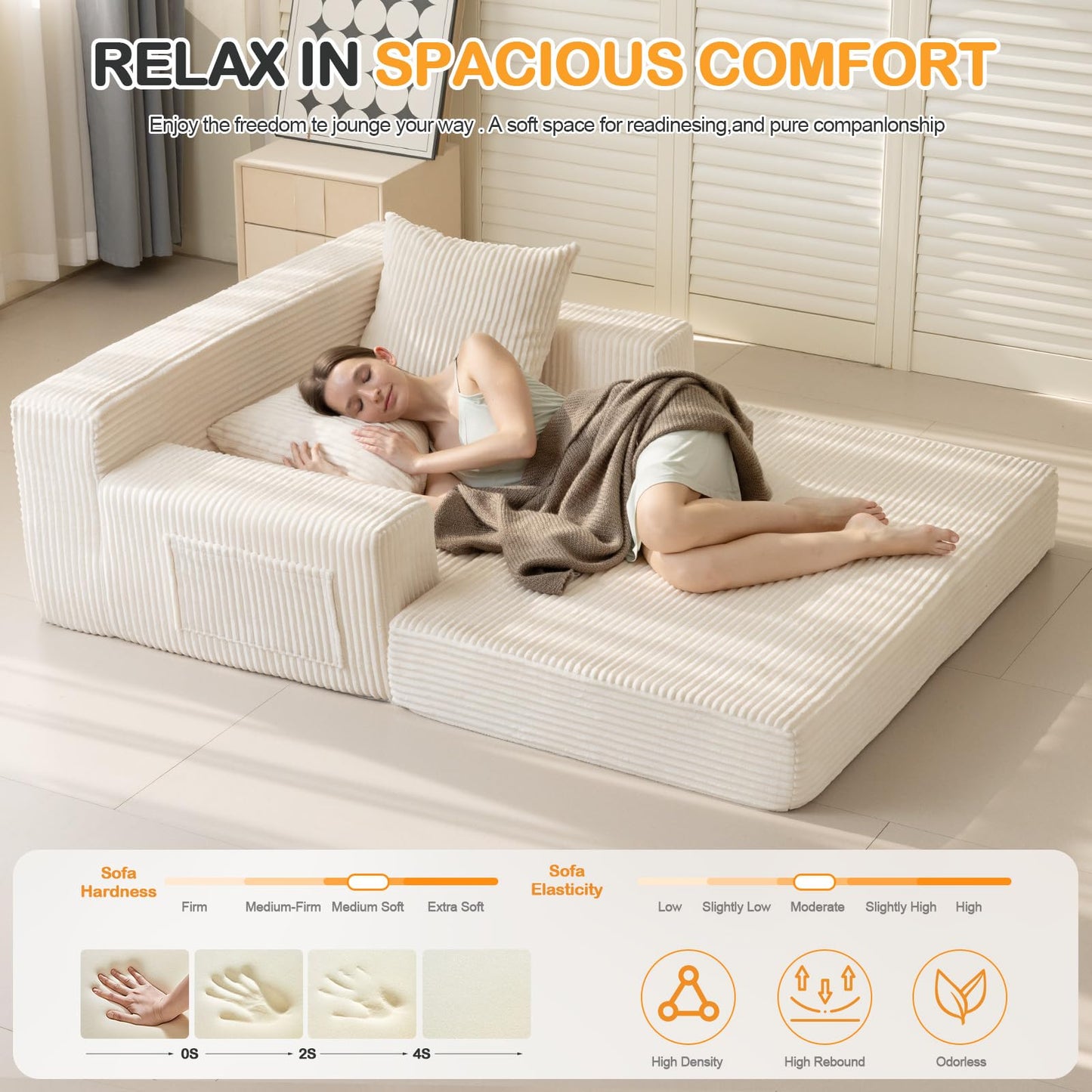 Erament Convertible Sofa Bed, Loveseat Folding Floor Futon Sleeper Sofa Couch Bed- Boneless Foldable Couch, Corduroy Pull Out Sofa Bed with 2 Pillows for Living Room & Bedroom