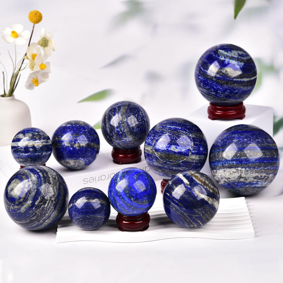 JIC Gem Lapis Lazuli Quartz Crystal Ball with Wooden Stand - Blue Crystal Sphere for Feng Shui Decor & Spiritual Gifts - 60-70mm