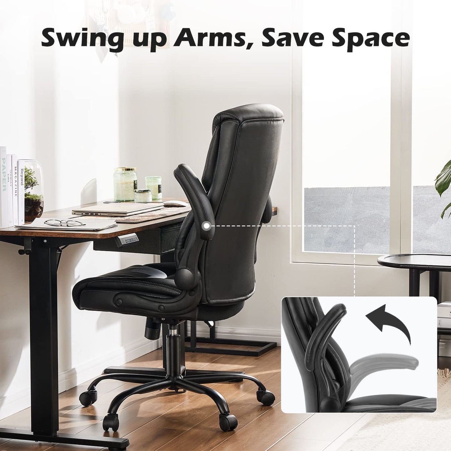 DUMOS Office Chair Set of 2 - Ergonomic Executive Computer Desk Chairs with Adjustable Flip-up Armrest, Swivel Task Chair with Lumbar Support, Strong Metal Base, PU Leather, Black