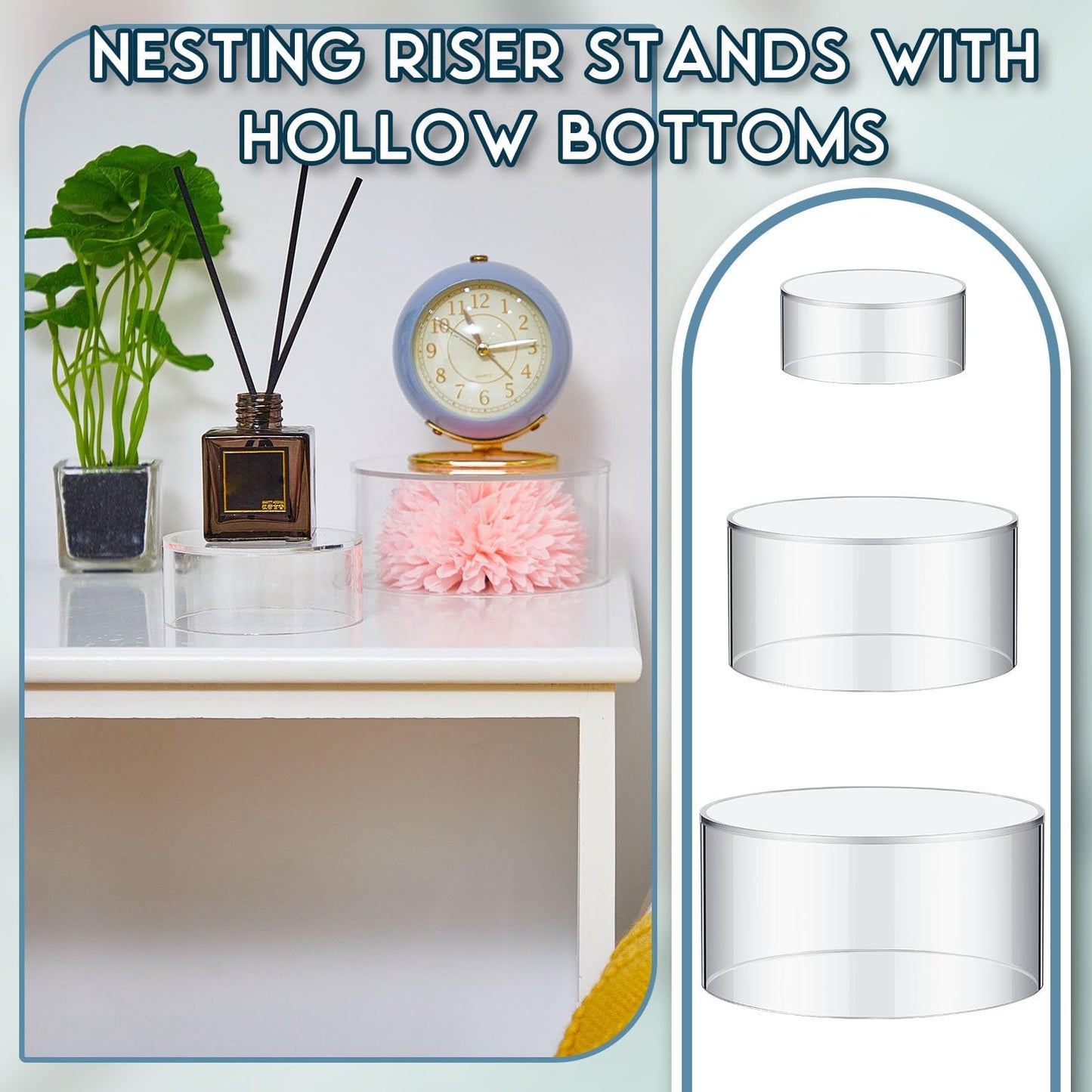 Jerify 12 Pcs Acrylic Risers Display Stands, 5.91'' 5.12'' 3.54'', Clear Round Nesting Pedestal Shelf with Hollow Bottom for Tabletop Jewelry Display, Table Centerpiece, Food Risers for Party, 3 Sizes