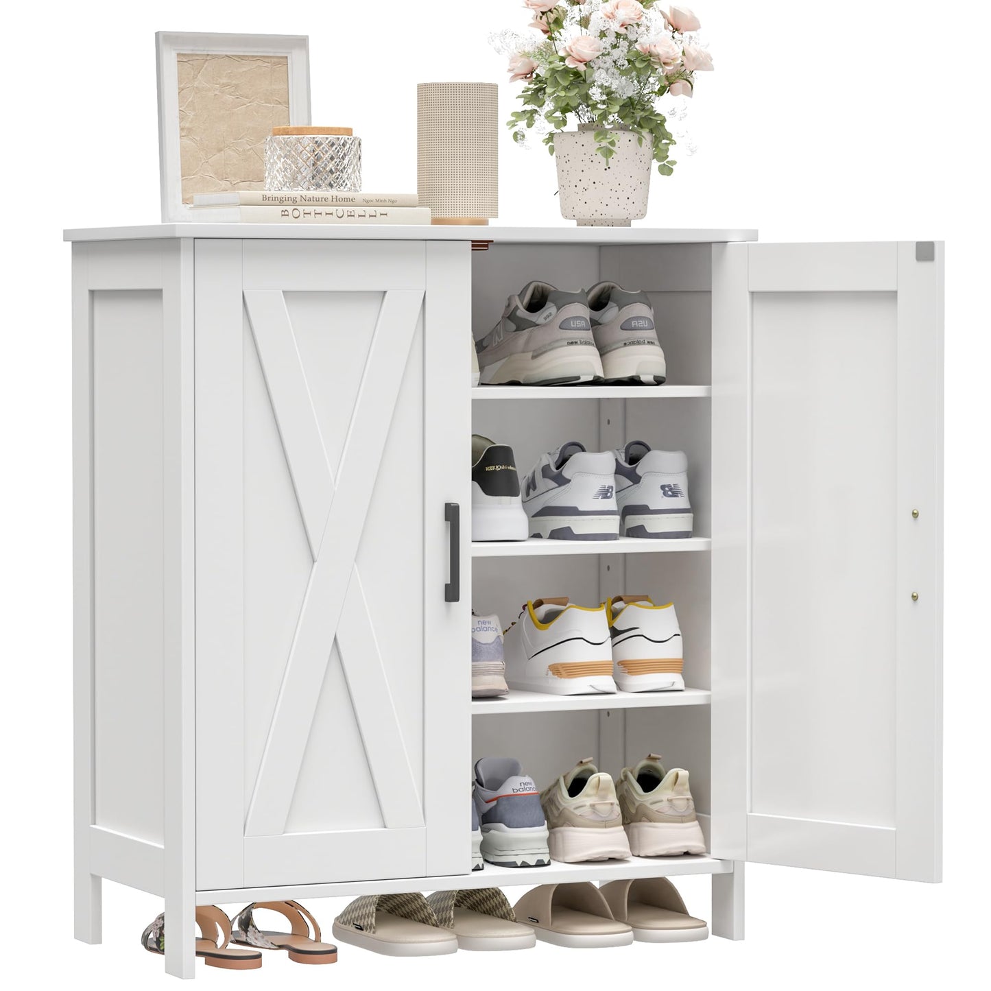 Homleke Farmhouse Shoe Cabinet with 2 Barn Doors & Wood Legs, 5-Tier Shoe Storage Cabinet with 3 Adjustable Shelves, Tall Shoe Rack Organizer for Closet, Shoe Organizer for Entryway, Hallway, White