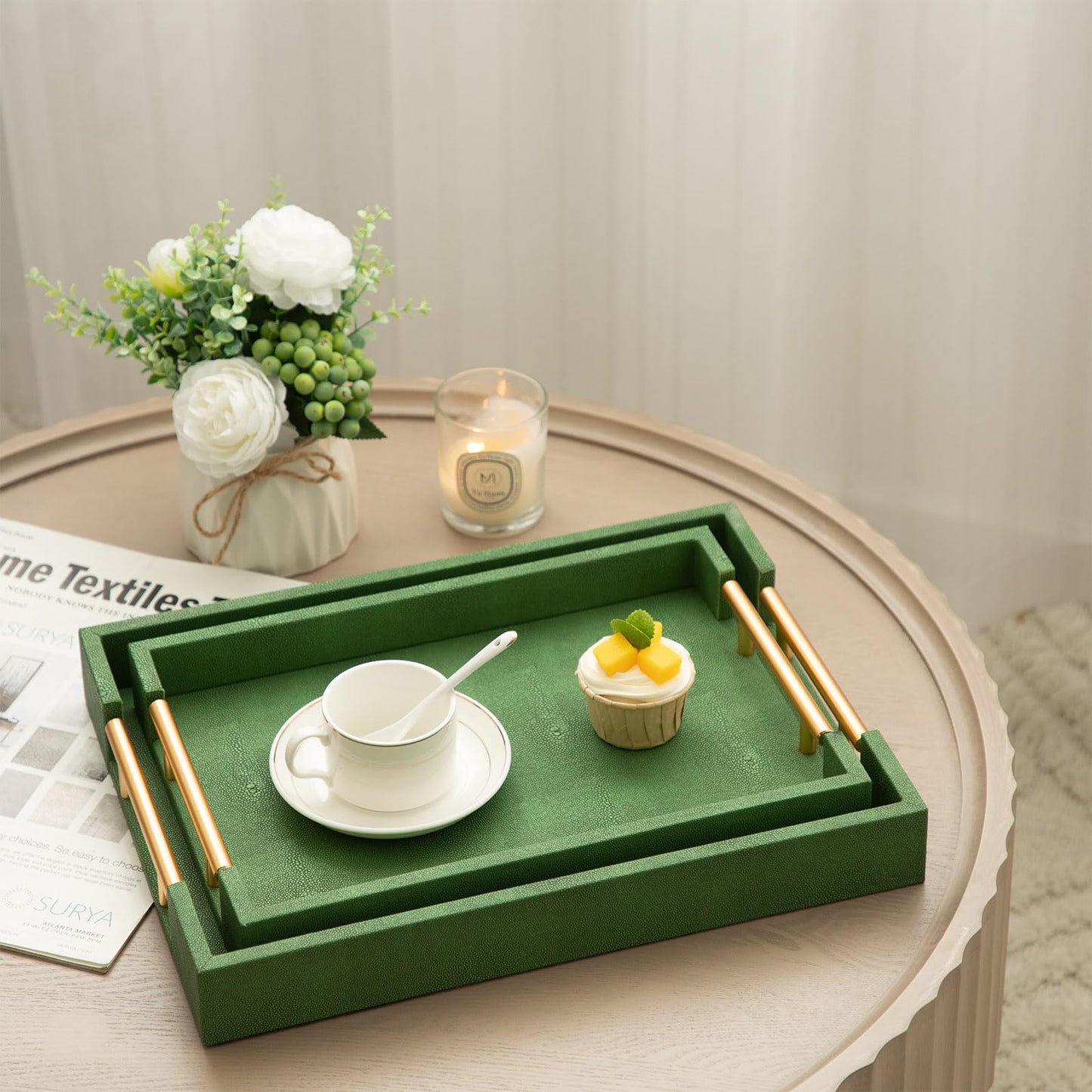 UPPER DECOR Decorative Tray Set of 2, Green Shagreen Leather Tray, Modern Elegant Rectangle Serving Trays with Gold Polished Metal Handles, Ottoman Trays Coffee Table Perfume Kitchen Home Decor