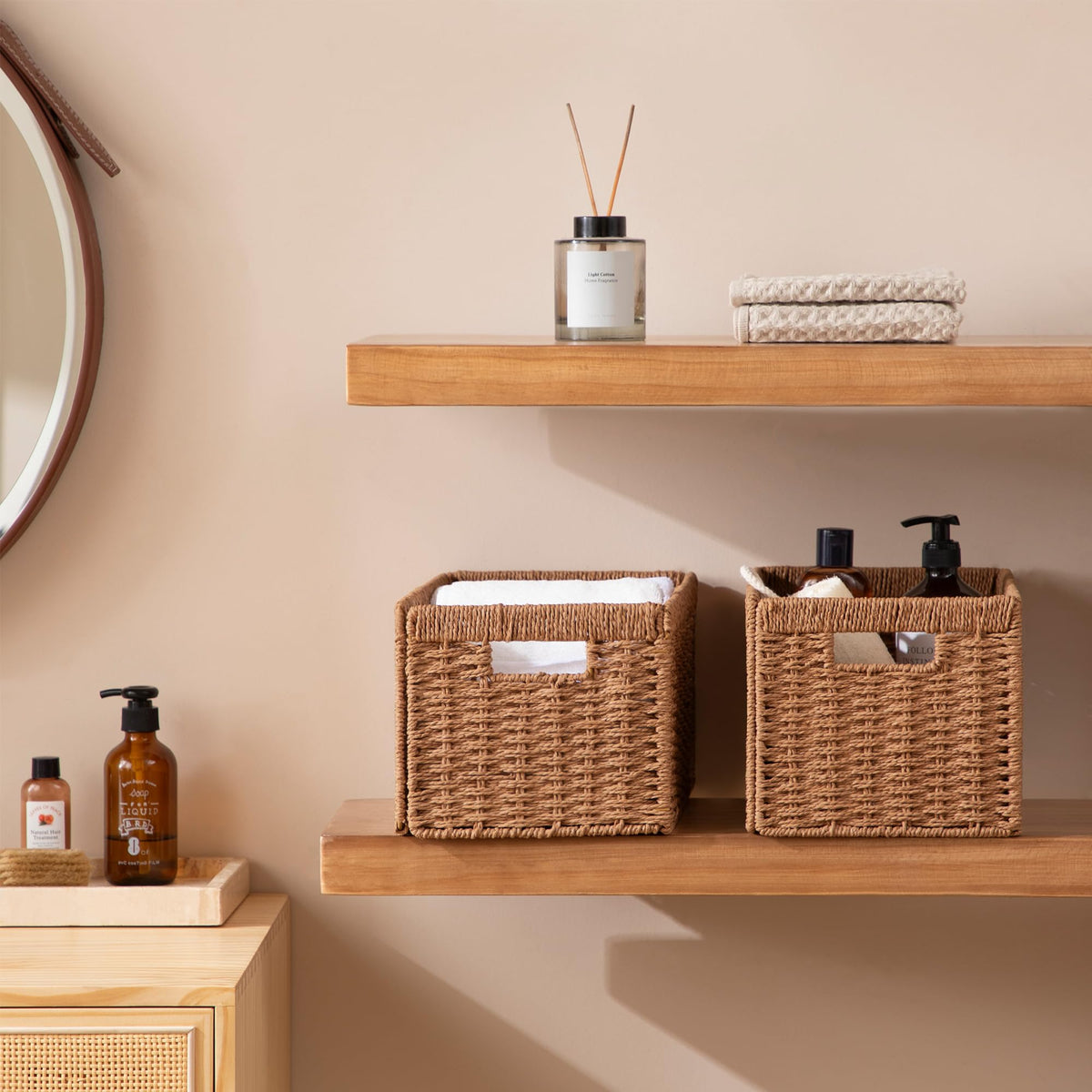 UBBCARE 2 Pack Wicker Basket, 13.4L×8.3H×7.1W inch Woven Paper Rope Storage Baskets for shelves, Foldable Rectangular Storage Baskets with Handle, Storage Basket for Organizing, Caramel