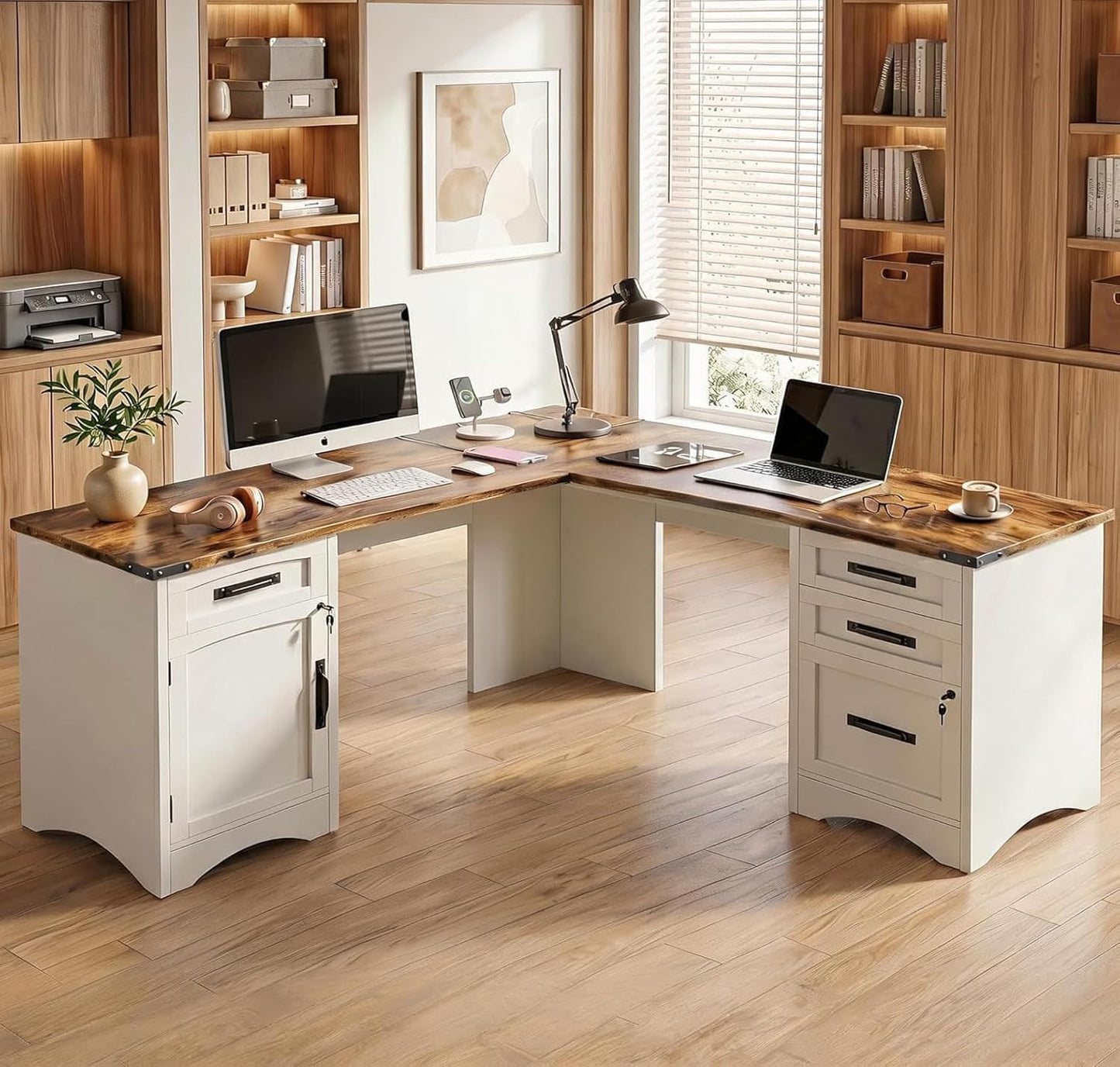 Decofy 67" Farmhouse L Shaped Standing Desk with Drawers Home Office Executive Desks with Fast Charging Station, Lockable File Cabinet, Wood Writing Computer Desk for Work, Study, White