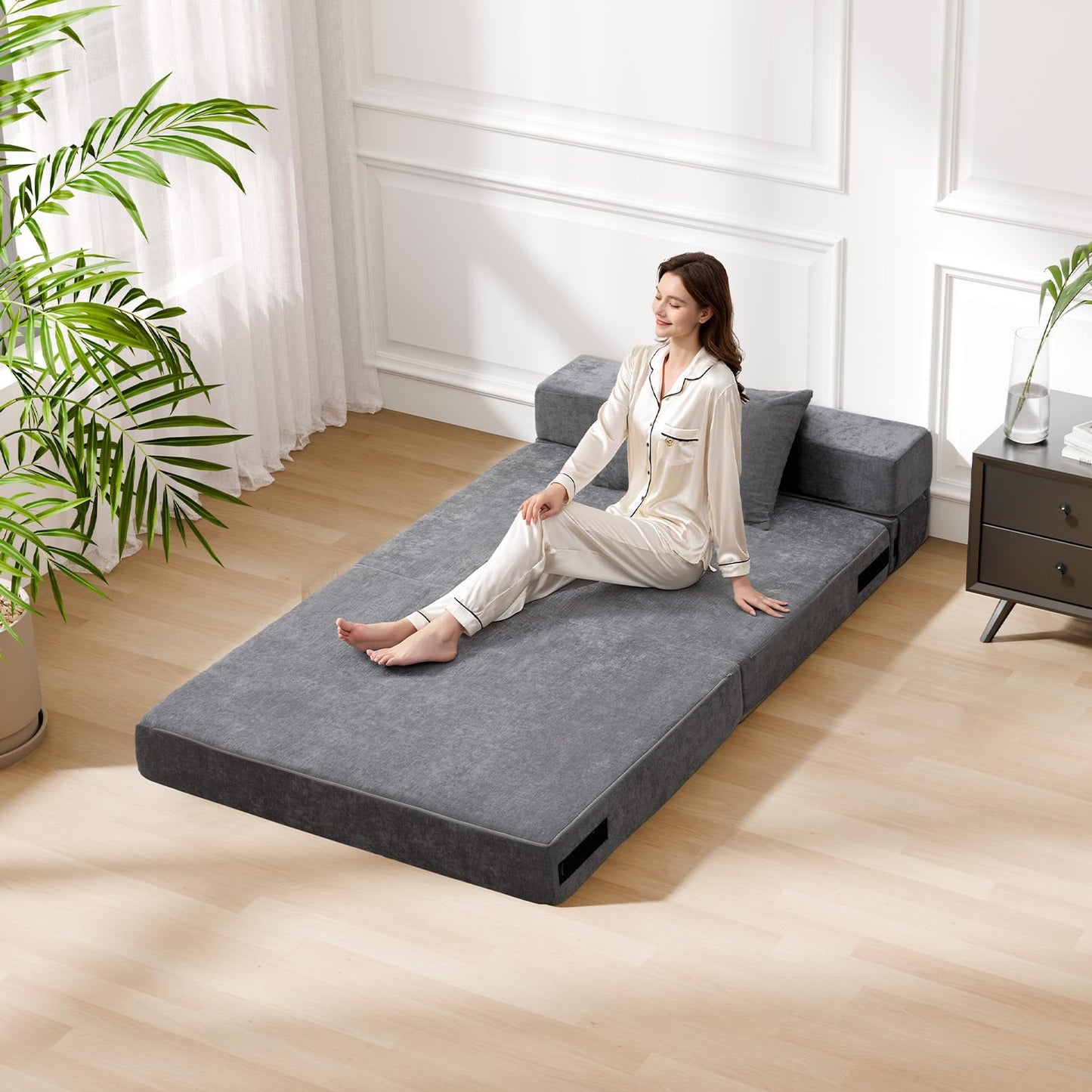 HOMFINE Folding Sofa Bed - Convertible Sleeper Chair with Pillow, Fold Out Couch, Memory Foam Floor Mattress, Futon Couch, Lazy Sofa for Living Room/Dorm/Guest Room/Home Office, Twin, Grey