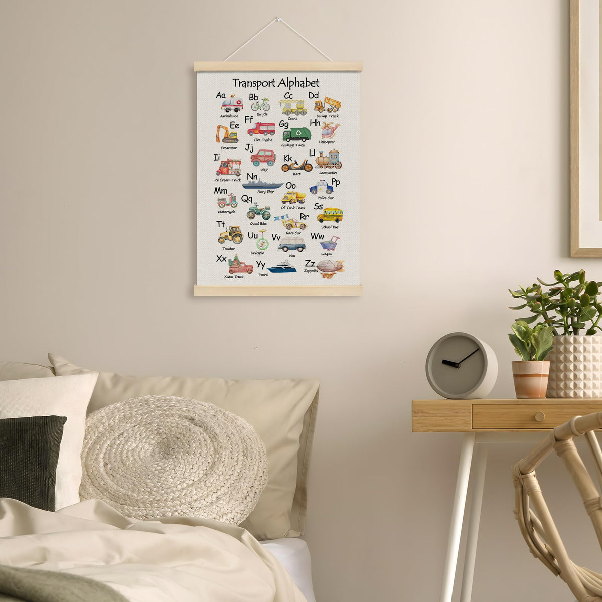 MOTERMATE Transport Abc Alphabet Wall Art Poster Chart, Playroom Decor, Learning Educational Canvas Poster Hanger Frame for Toddlers Classroom, Alphabet Car Themed Wall Hanging Banner Decor, 12x16Inch