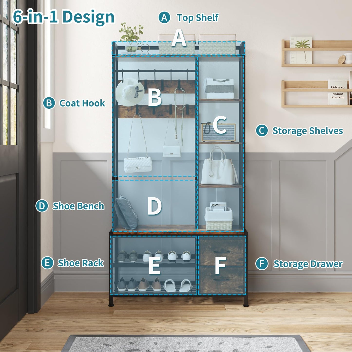 LUMTOK Hall Tree with Bench Storage and Shoes Storage, Hall Tree with Drawers and Shelves for Bedroom, 6-in-1 Entryway Organizer with Shelves, Living Room, Entryway, Closets (Rustic Brown)