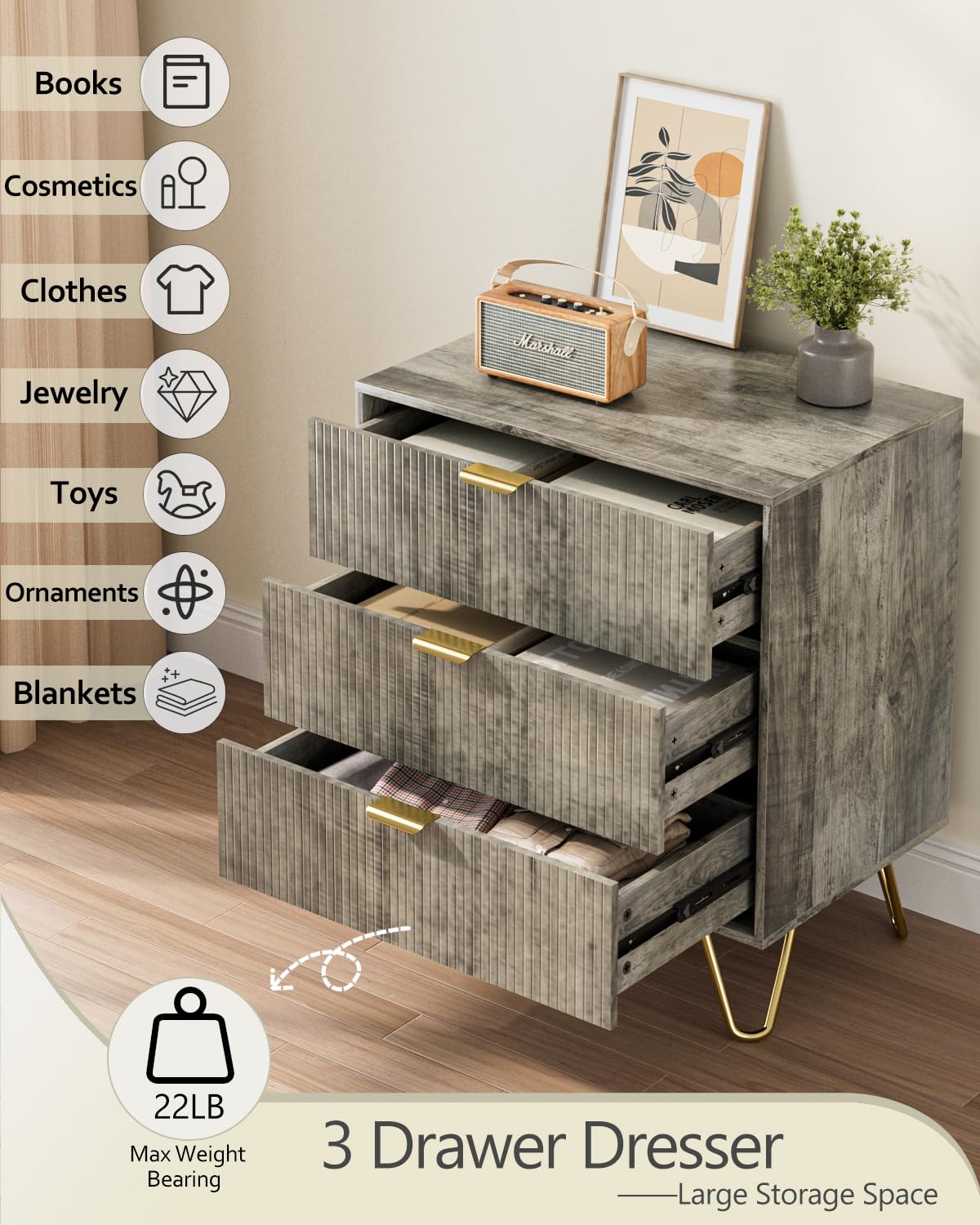 AEPOALUA Grey Dresser for Bedroom, Modern Fluted 3 Drawer Dresser with Storage, Dresser Chest of Drawers with Gold Handles for Bedroom, Living Room, Closet, Hallway, 15.8" D x 23.6" W x 27.6" H