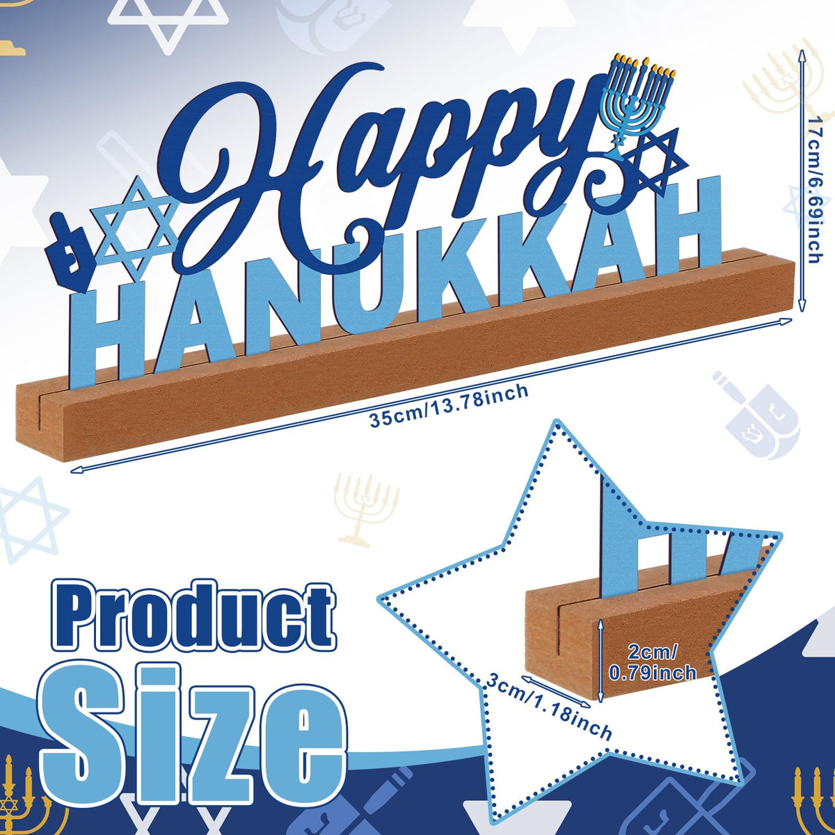 Yaocom 13.78 Inch Happy Hanukkah Table Decoration Happy Hanukkah Metal Letter Sign Star of David Freestanding Tabletop Centerpiece with Wooden Base Cutout Word Sign for Home Mantel Shelf Fireplace