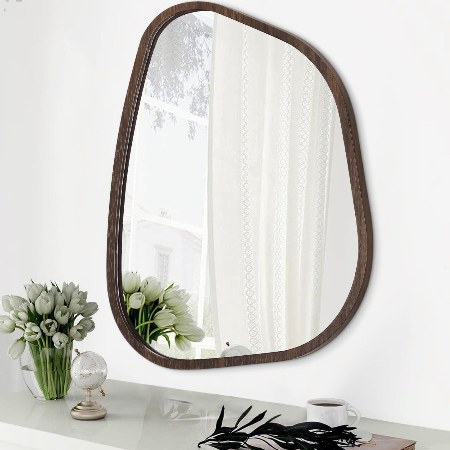 HLFMVWE Asymmetrical Wall Mirror Irregular Wood Frame Modern Unique Wall-Mounted Artistic Wavy Mirror Decor Bathroom Vanity Bedroom Living Room Entryway Hallway 14"x10"