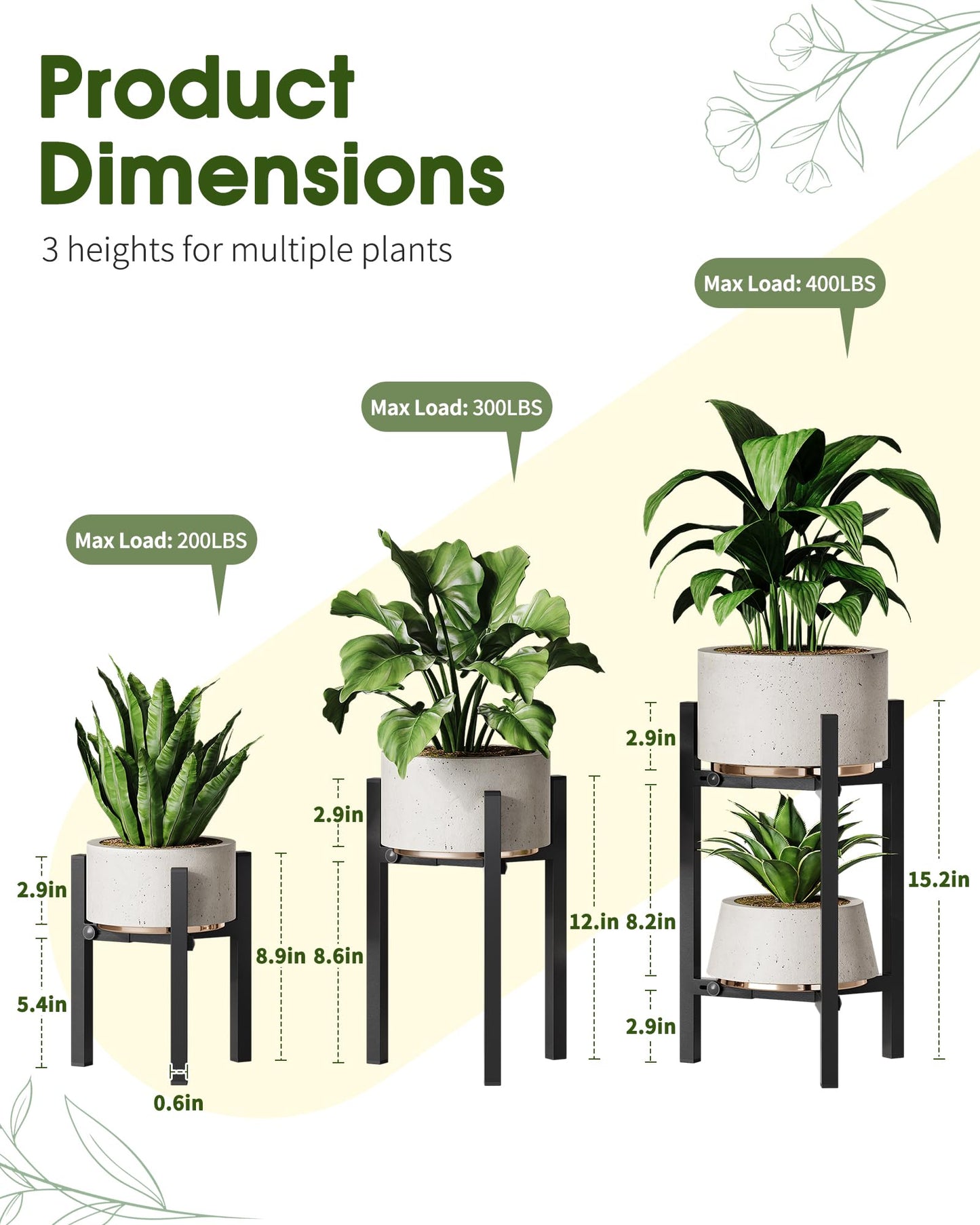 AZADESJET 3 Pack Plant Stand Indoor Adjustable, Metal Modern Indoor Plant Stand, Heavy Duty Single Plant Stands Outdoor Corner, Stable Plant Holder Indoor Stand, Fits 8 to 12 Inches Pots, Black