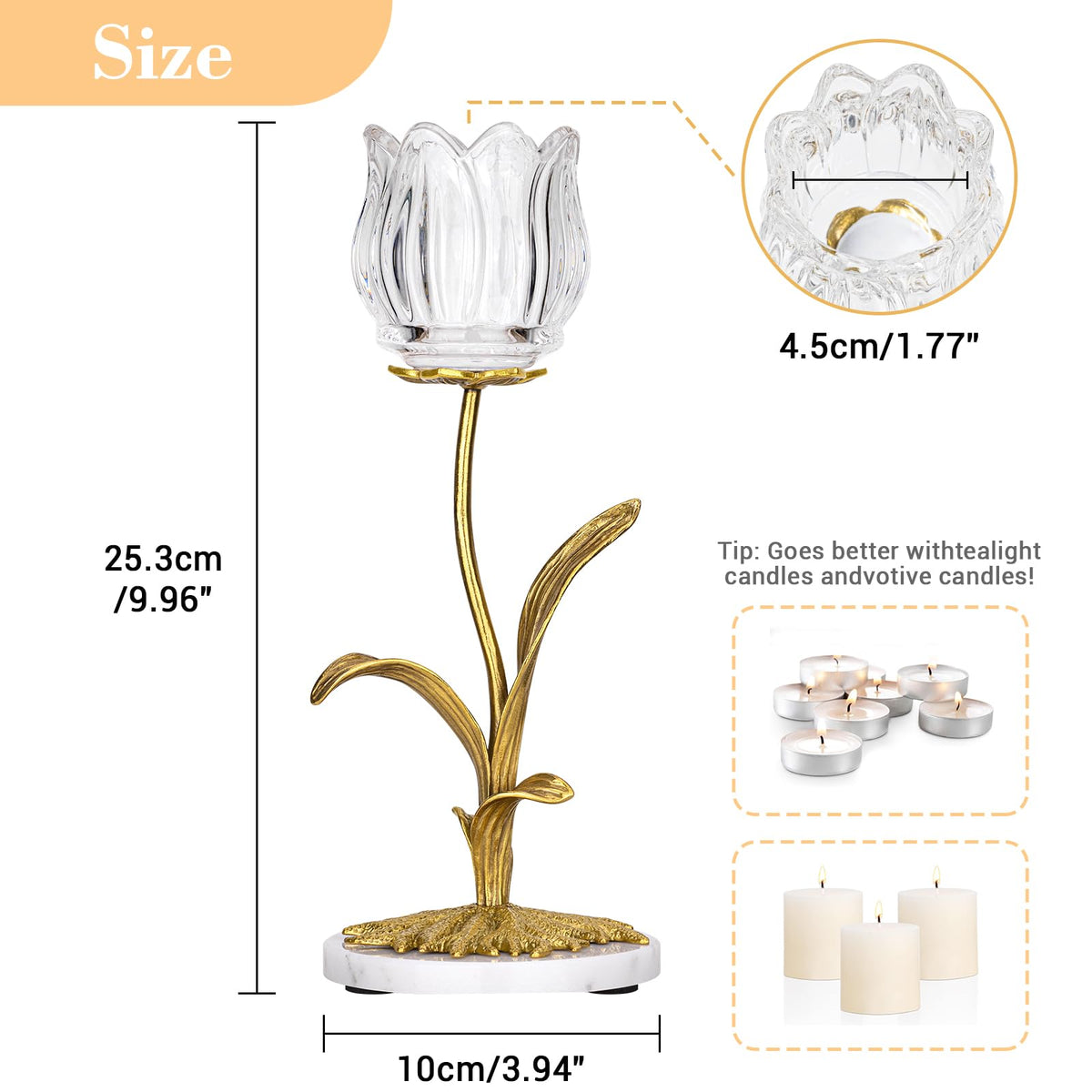 Anpdasi Candle Holder, Cut Rose Shaped Brass Candle Holder High-end Light Luxury Creative Art Crystal Glass Flower Candle Sticks Holder Decor Marble Disc Base Romantic Ambiance Table Decoration