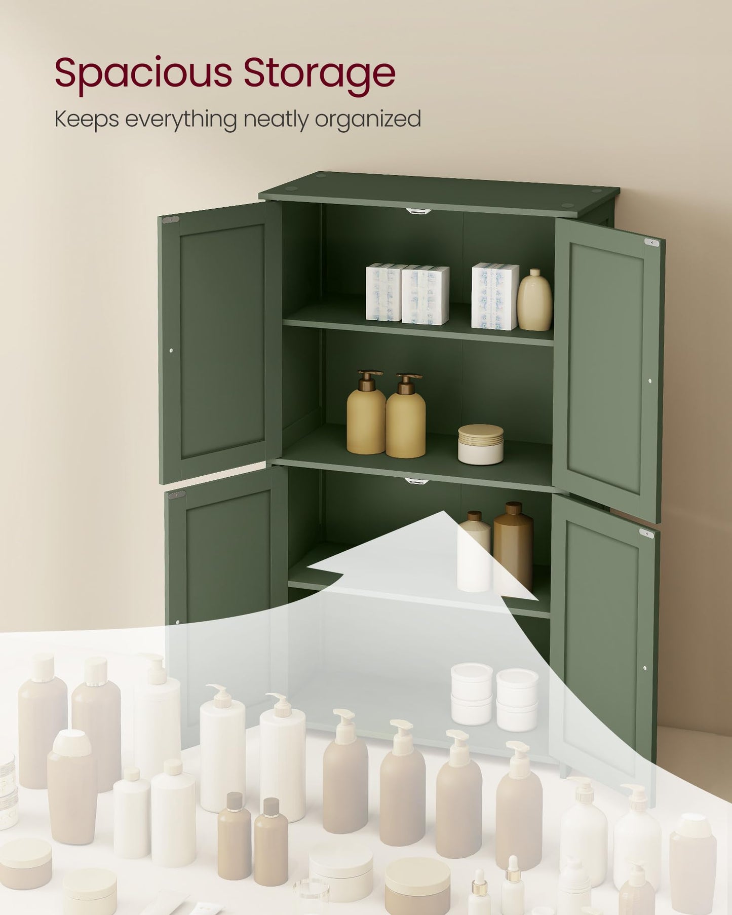 VASAGLE Floor Storage Cabinet, Shaker Cabinet with 2 Adjustable Shelves, 4 Doors, Tall Freestanding Organizer Unit, for Kitchen Bathroom Living Room, Forest Green UBBC553CH01S