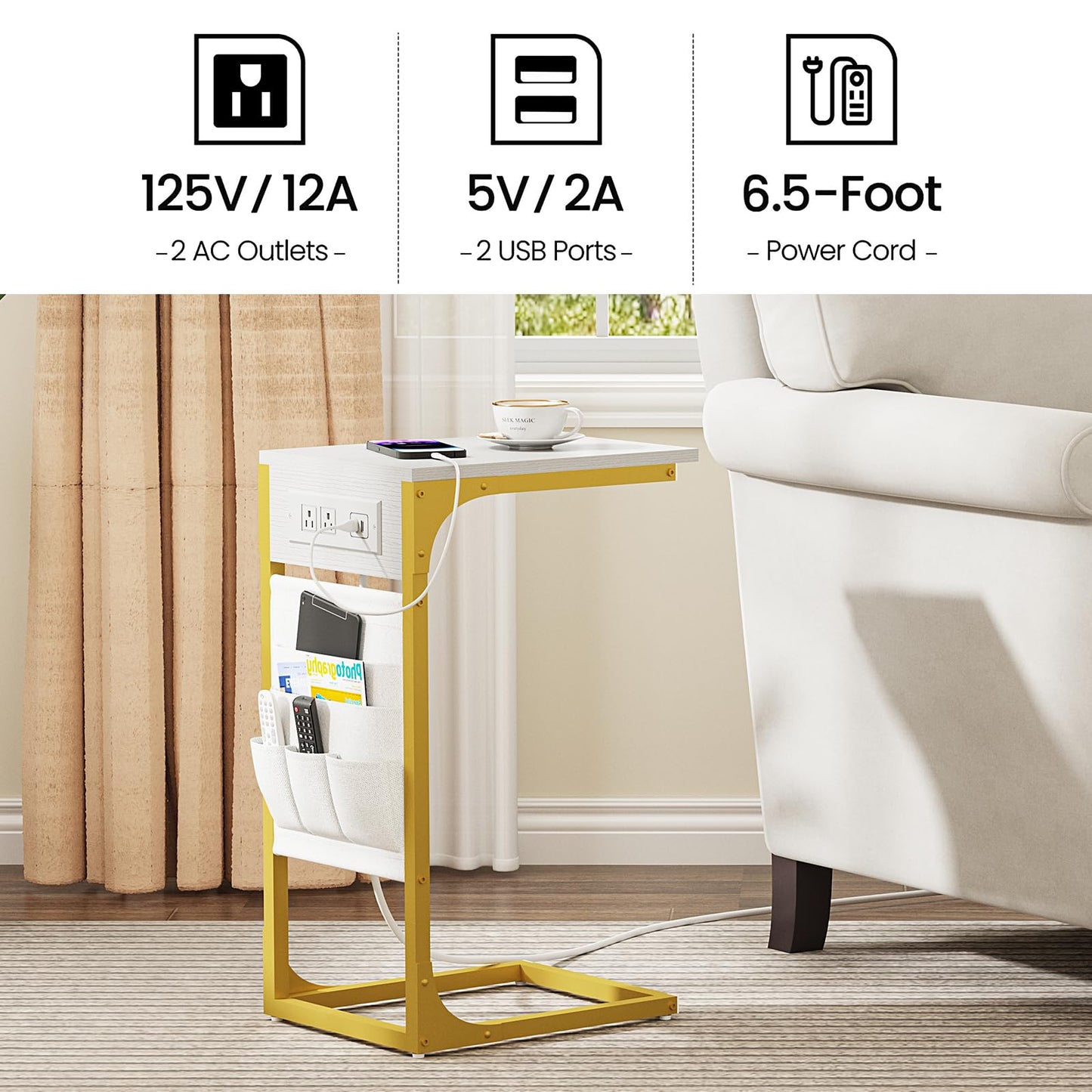 TUTOTAK C Shaped End Table with Charging Station, Side Table for Sofa, Couch Table with Storage Bag, TV Tray Table with 2 USB Ports and Outlets for Living Room, Bedroom, White and Gold TB01BWG024
