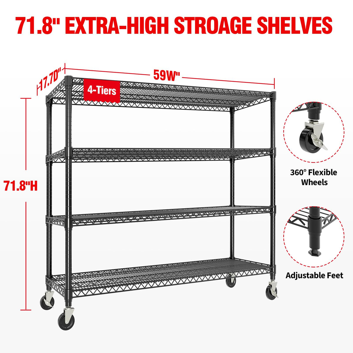 Garvee 4-Tiers Storage Shelves Heavy Duty Garage Shelving Units with Wheels 59" W x 71.8" H, 2640LBS Rolling Wire Shelving Rack, Adjustable Shelf for Garage Kitchen Warehouse Industrial Pantry