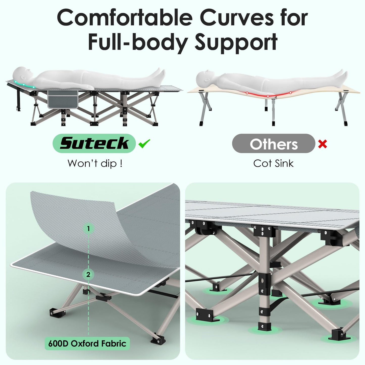 Suteck Camping Cot, Folding Camping Cot Bed for Adults Sleeping 1200D Double Layer Oxford Portable Folding Outdoor Cots for Camping W/Soft Pad Carry Bag for Home Office Nap Beach Travel, 500LBS,Grey