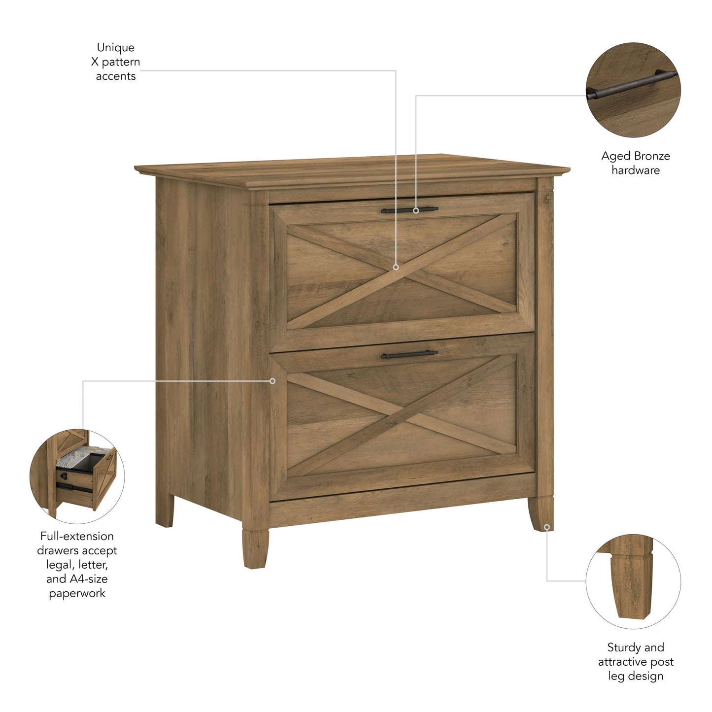 Bush Home Key West 2 Drawer Lateral File Cabinet in Reclaimed Pine, Document Storage for Home Office, Accent Chest with Drawers