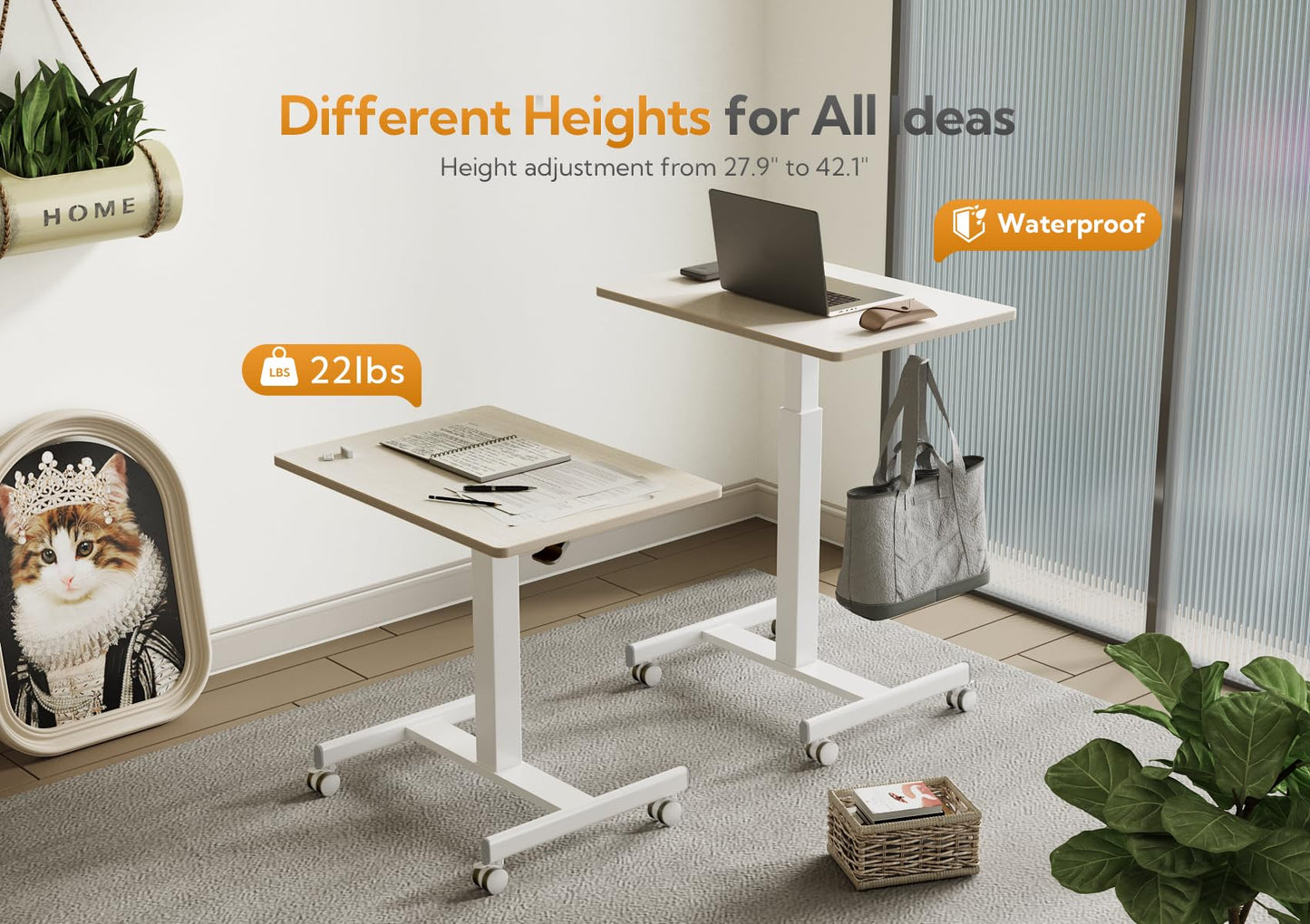 Claiks Mobile Standing Desk, Small Rolling Standing Desk with Wheels, Pneumatic Mobile Desks Workstation with Hook, Natural