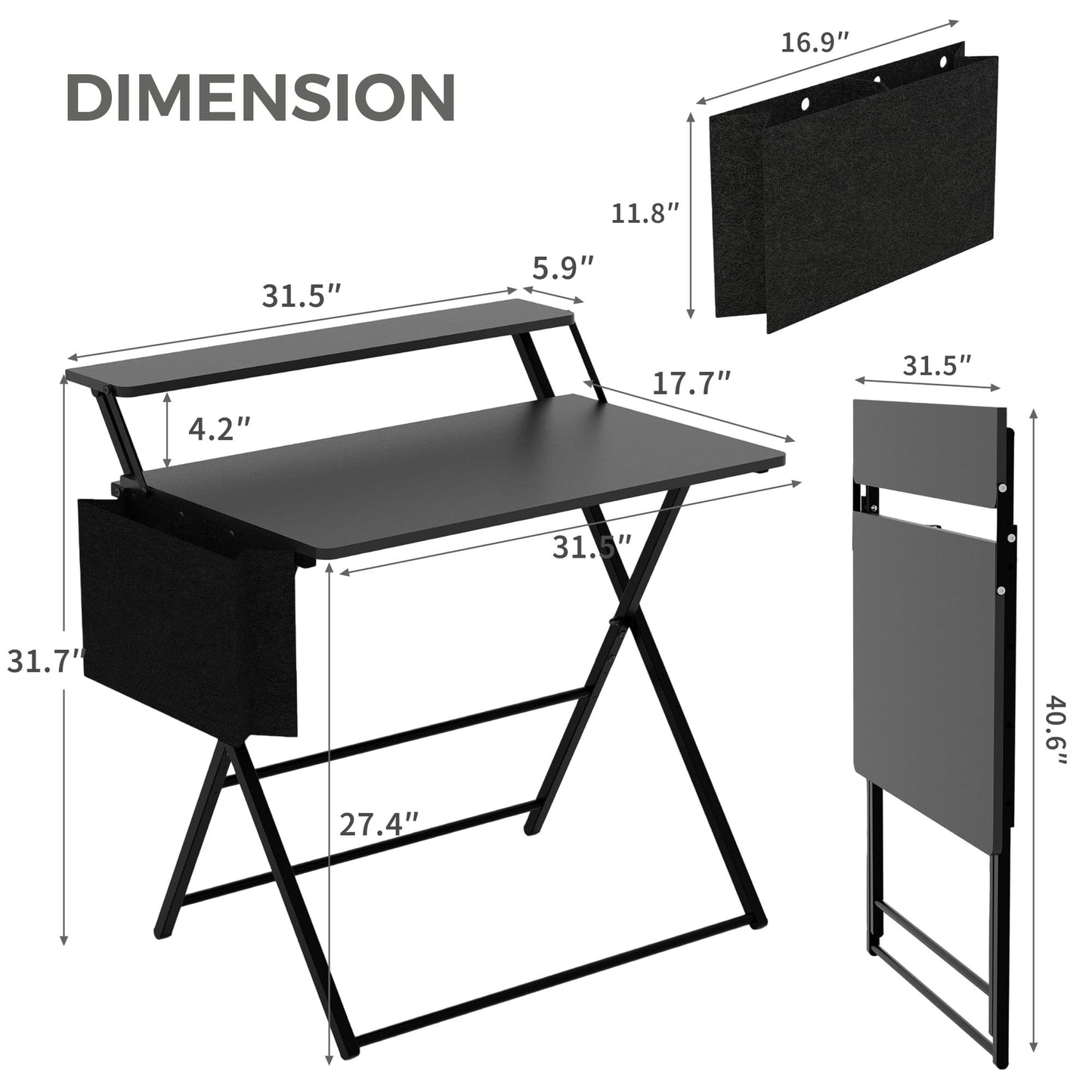 Small Desk No Assembly,31.5Inch 2-Tier Compact Computer Desk with Shelf & Side Pocket,Space Saving Foldable Table for Home Office, Bedroom or Apartment,Portable Collapsible Sturdy Laptop Desk,Black