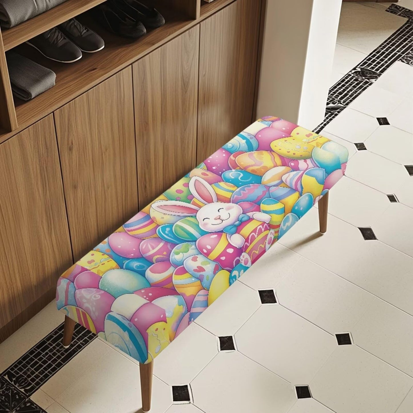 Cugasmaru Dining Bench Slipcover Pink Seat Cushion Protector Non Slip Stretch Dining Bench Cover for Living Room Kitchen Easter Bunny Decor