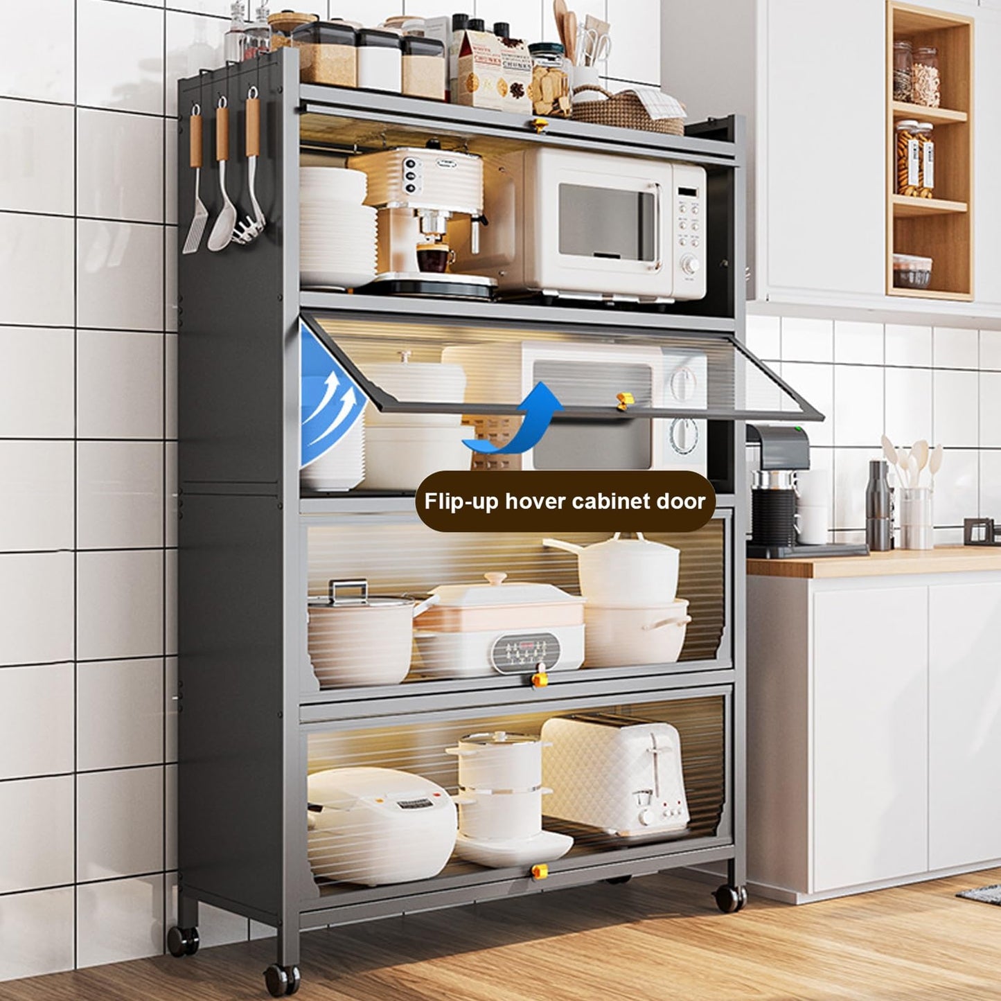 Kitchen Storage Cabinet - Microwave Oven Shelf & Bakers Rack, Transparent Flip Door, 70cm/28in for Kitchen, Home, Office, Pantry - Stylish & Functional Storage Solution in Gray