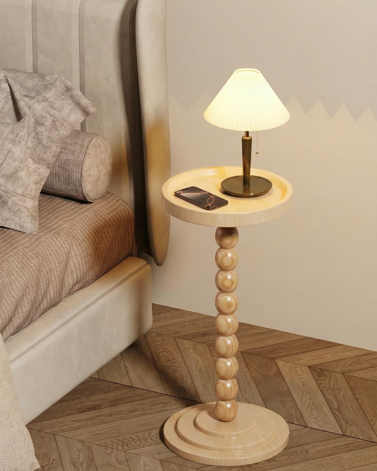 Round Wooden Side Table & Drink Table | Sturdy & Functional Mid-Century Modern Design with Solid Wood Columns for Living Room, Bedroom, Office & More