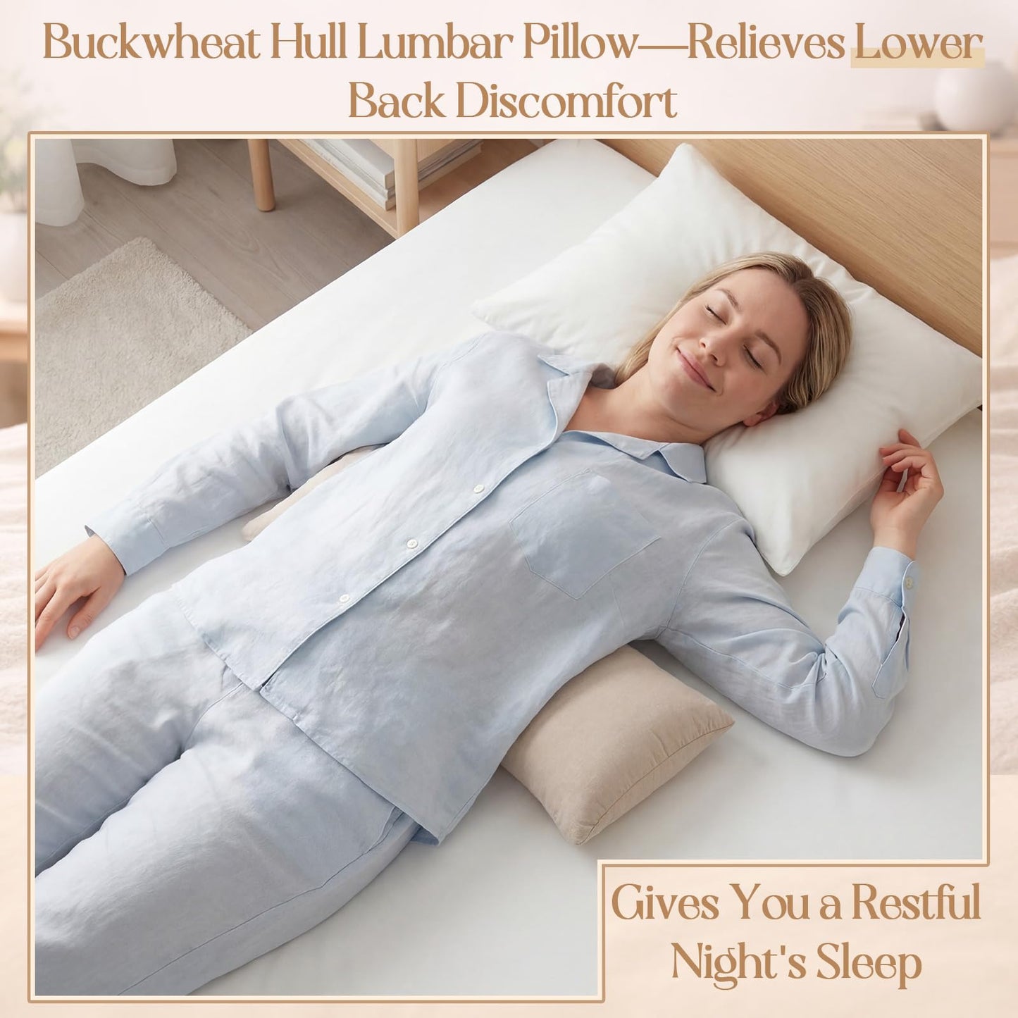 Weysat Buckwheat Lumbar Support Pillow for Bed Sleeping, Ergonomic Curved Neck Waist Pillow for Lower Back Pain Relief, Natural Sweet Buckwheat Hull Filling, Dual Cotton Zippered, 20.1” x 8.7” x 2”