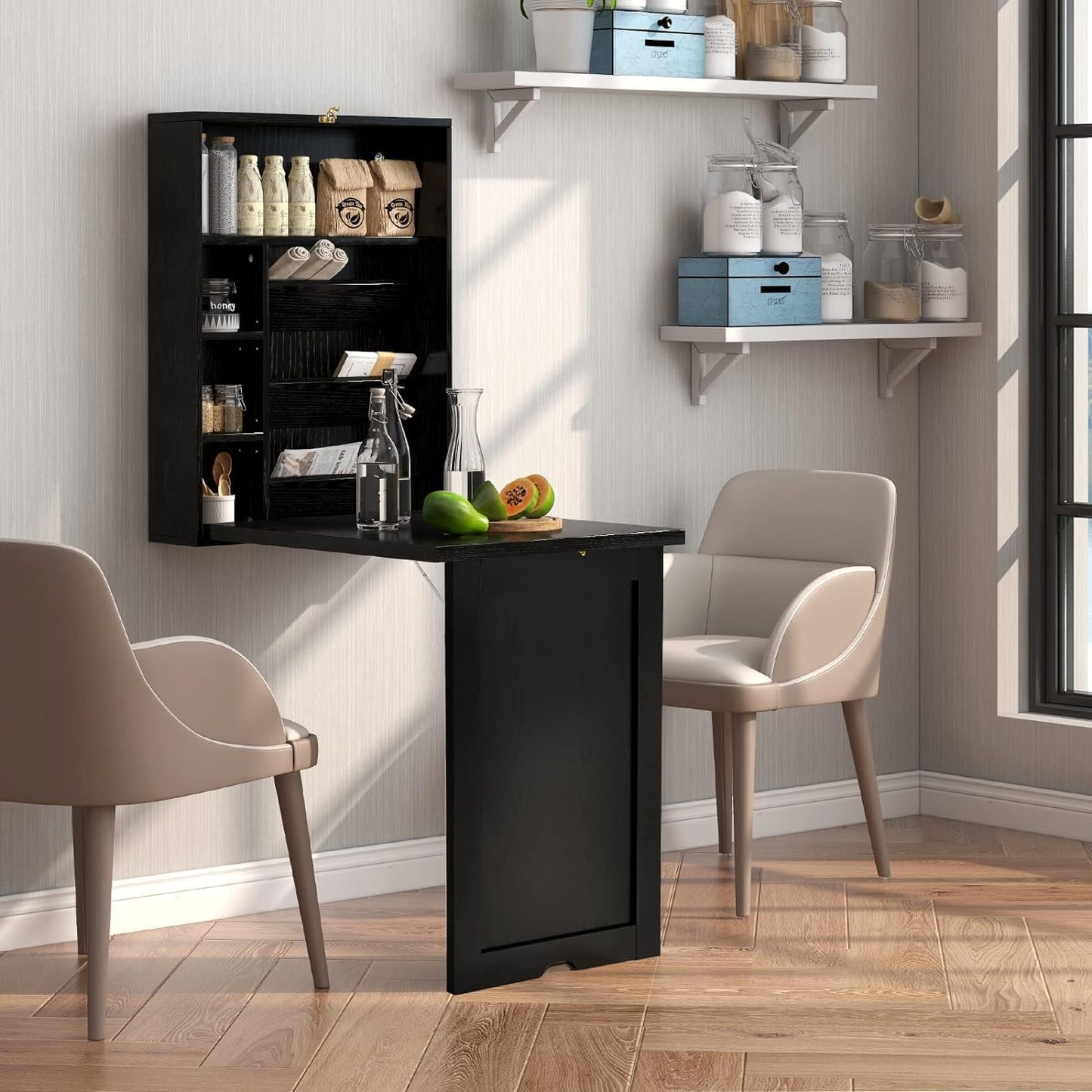 Byroce Wall Mounted Desk, Wood Collapsible Floating Desk, Convertible Computer Desk with Storage Area, Hanging Fold Out Table for Home Office, Small Spaces (Black)