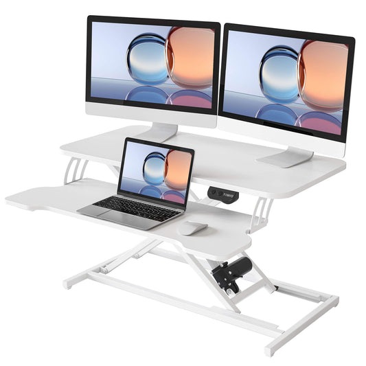YIHAYO Electric Standing Desk Converter 32 inch, Sit to Stand Up Height Adjustable Desk Riser, Quick Sit to Stand Tabletop Dual Monitor Riser Workstation for Home Office with Keyboard Tray, White
