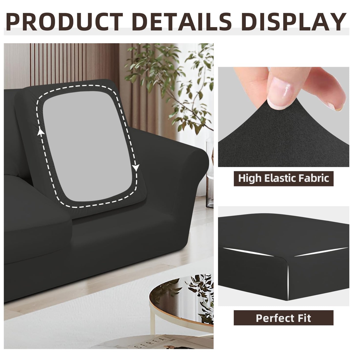 Easy-Going 7 Pieces Stretch Couch Cover Washable Sofa Cover Set for 3 Backrest and Seat Cushion Couch Anti-Slip Sofa Slipcover Furniture Protector with Elastic Bottom (Large, Dark Grey)