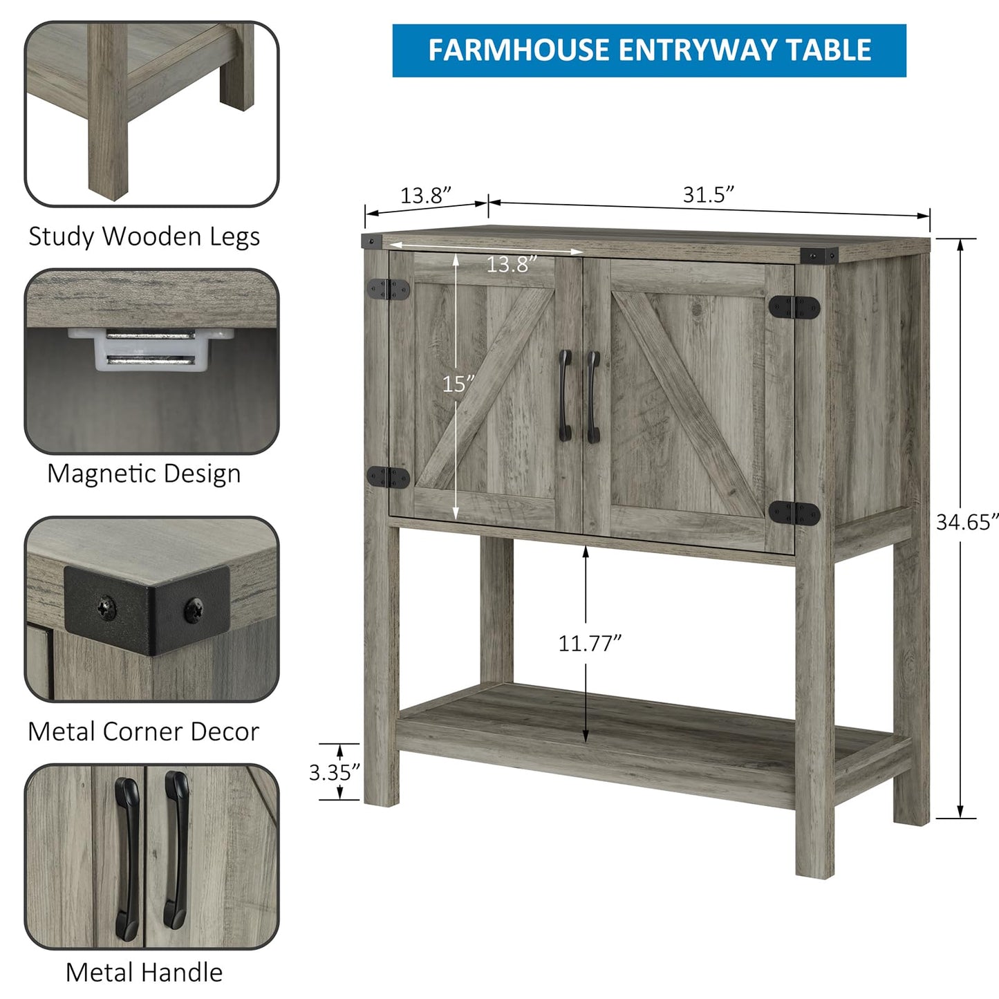 Mufico Console Table with 2-Door Cabinet Coffee Bar Cabinet Sofa Table,Entryway Table with Storage, Farmhouse Buffet Sideboard (Grey)