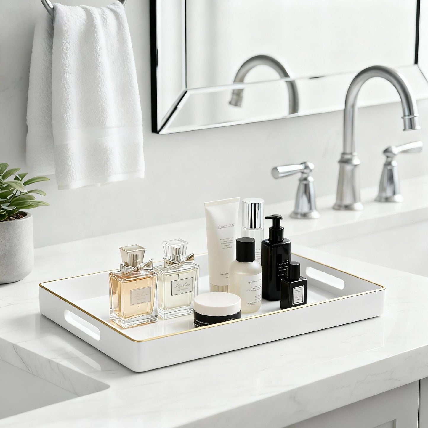Zosenley Decorative Plastic Serving Tray with Handles, Modern Vanity Organizer for Bathroom, Kitchen, Ottoman and Coffee Table (White, Rectangular)