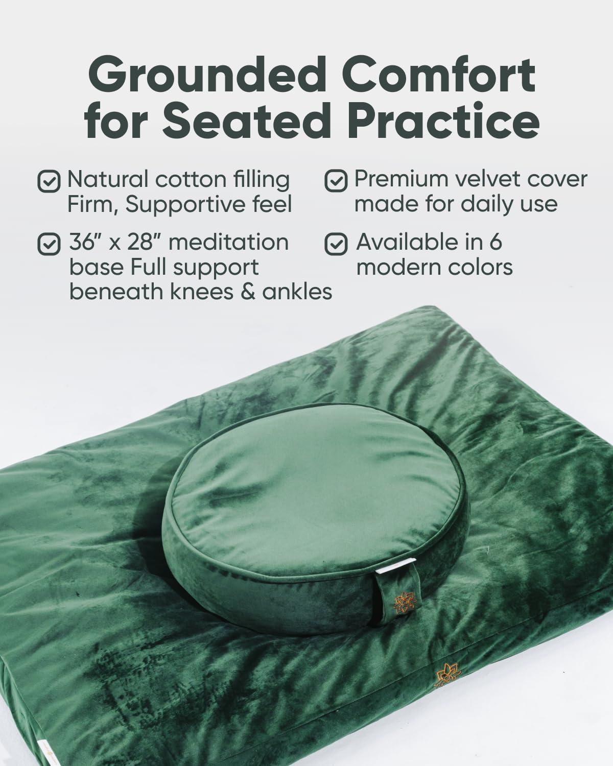 Mindful Modern Velvet Zabuton Meditation Mat - Luxurious Meditation Cushion Pillow with 100% Cotton Filling - Enjoy Better Posture and Greater Comfort for Zafu or Bench (Emerald Green)