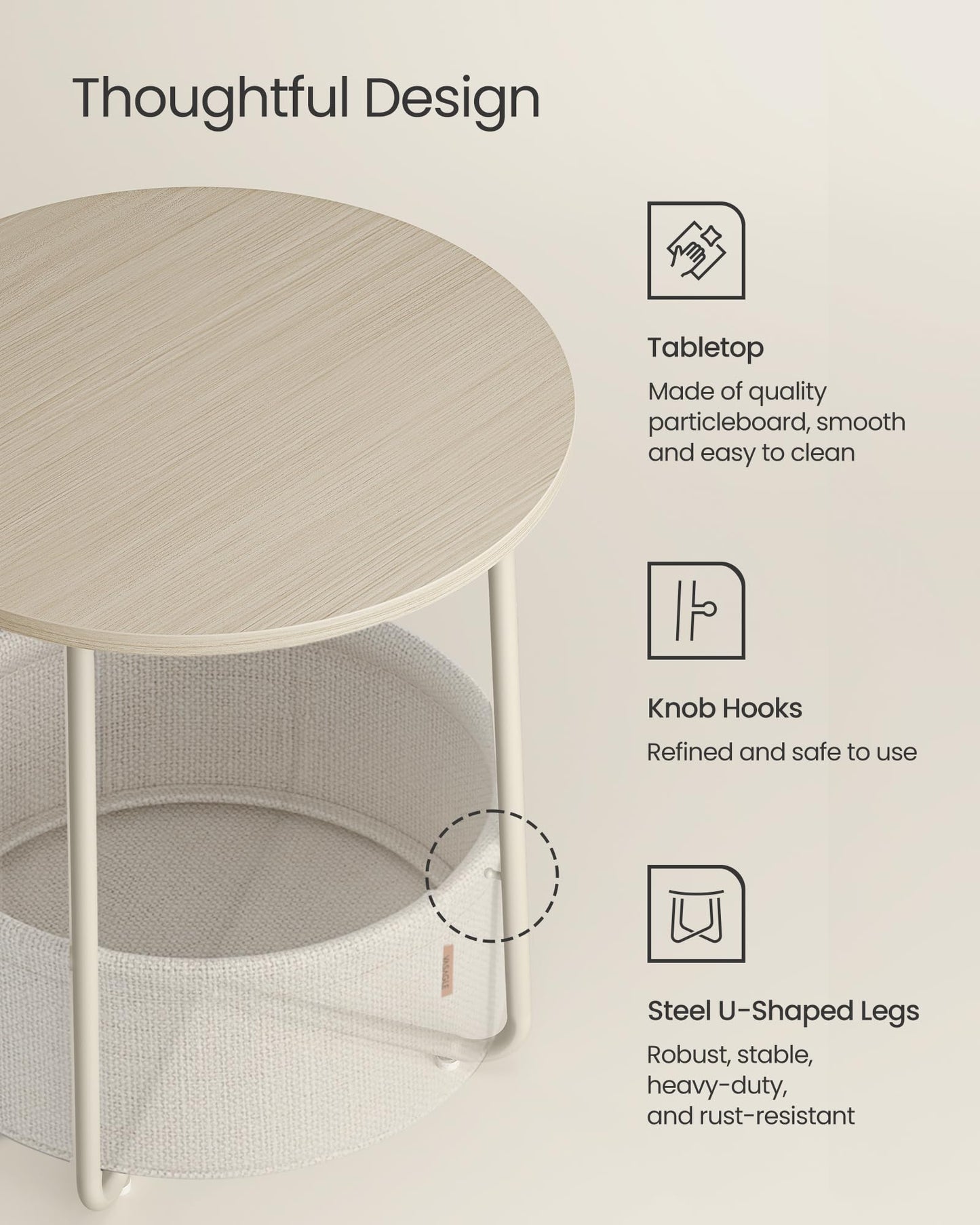 VASAGLE LILEA Collection - Small Round Side End Table, Modern Nightstand with Fabric Basket, Cream White ULET223K67