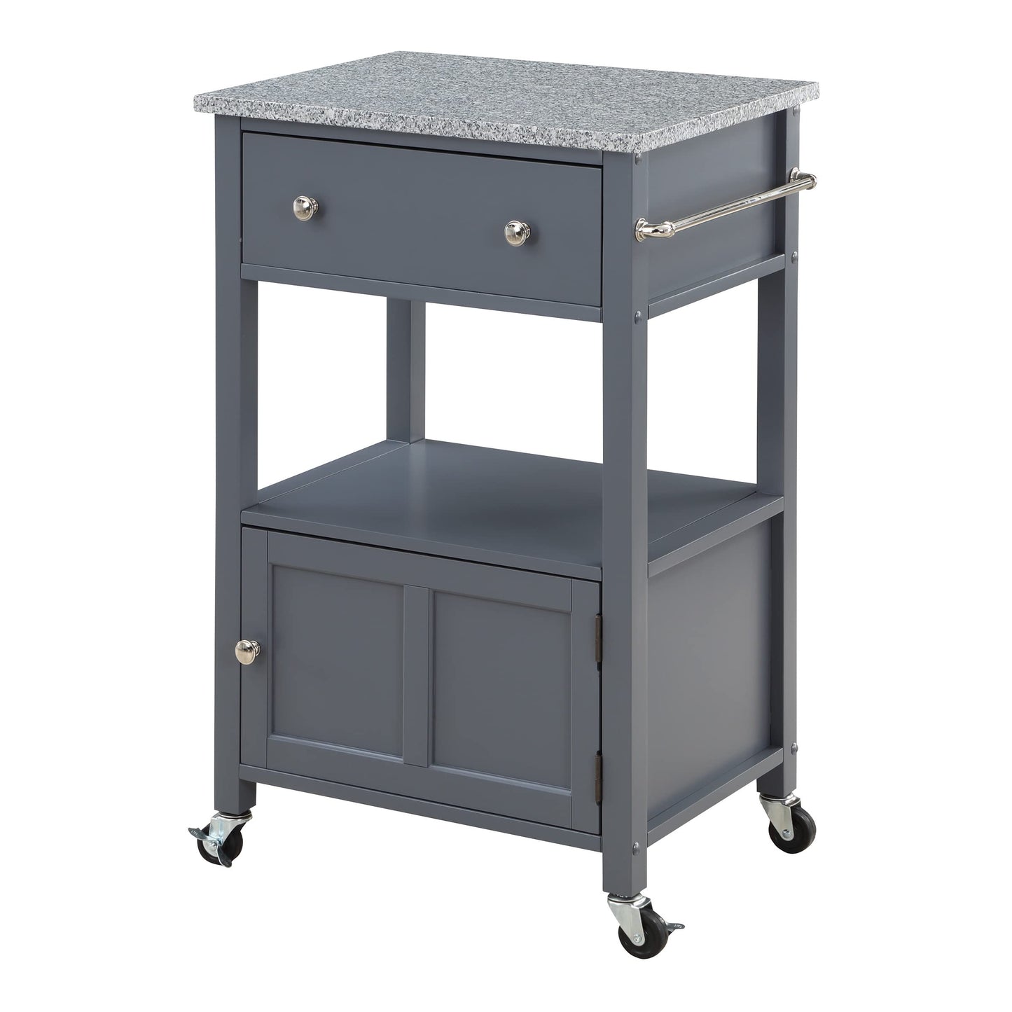 OSP Home Furnishings Fairfax Farmhouse Kitchen Cart with Granite Top, Rolling Storage Cabinet with Towel Rack, Shelf and Drawer, Grey Finish