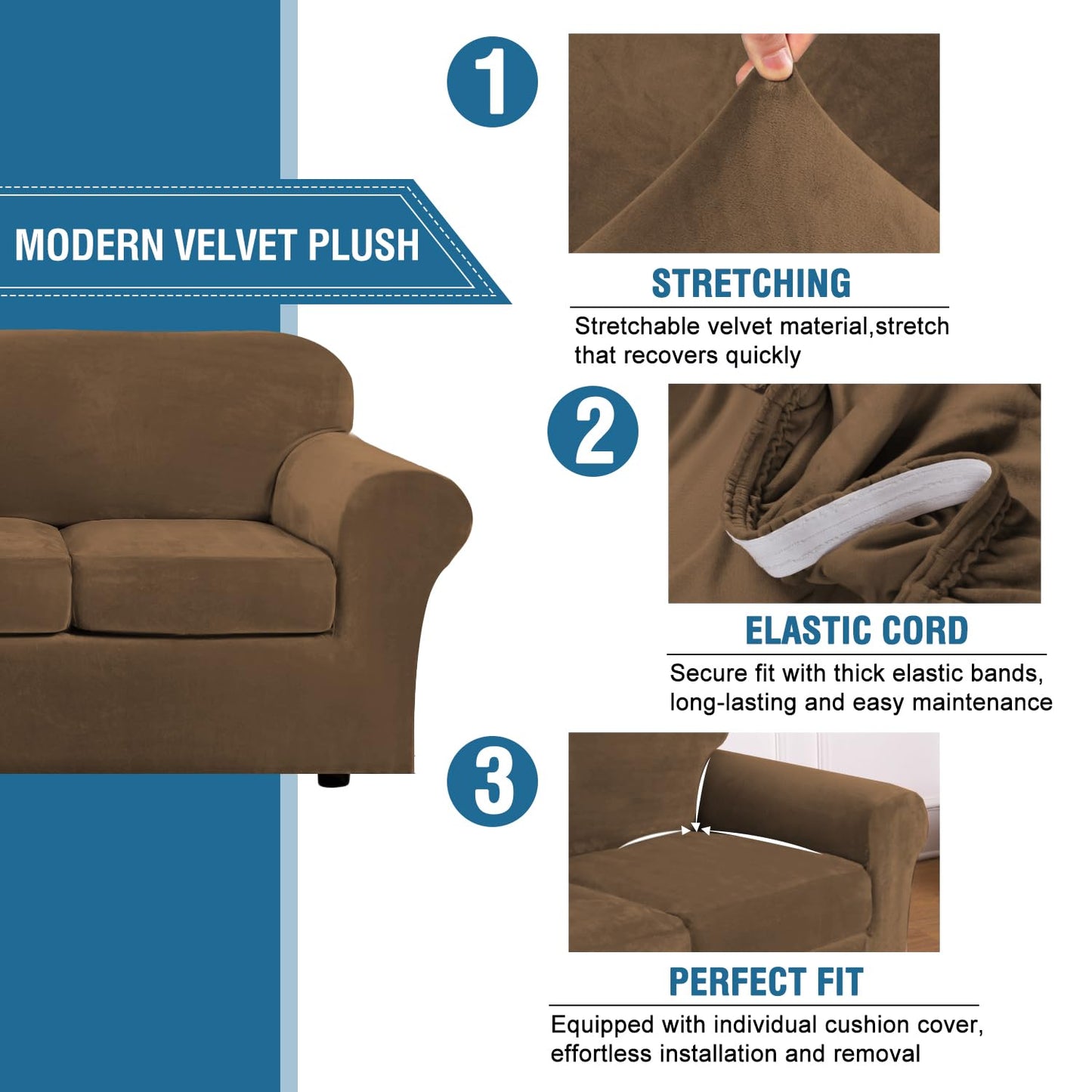 H.VERSAILTEX Modern Velvet Plush 4 Piece High Stretch Sofa Slipcover Sofa Cover Furniture Protector Form Fit Thick Velvet Sofa Cover for 3 Cushion Couch Width Up to 90 Inch (Sofa, Bronze Brown)