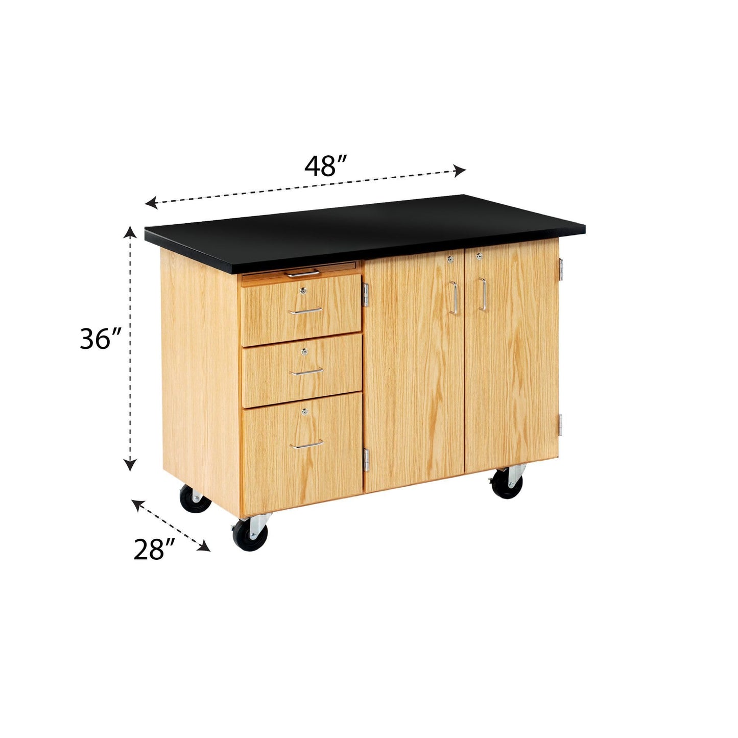 Diversified Spaces Portable Mobile Science Classroom Teacher Instructor Desk, Black Chemguard Table Top, Storage Cabinet, Oak Finish, 48"W x 28"D x 36"H, Made in the USA
